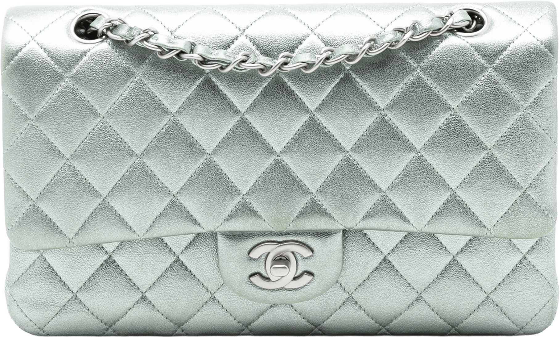 Chanel Medium Classic Metallic Lambskin Double Flap, från Luxclusif, i färgen mint.