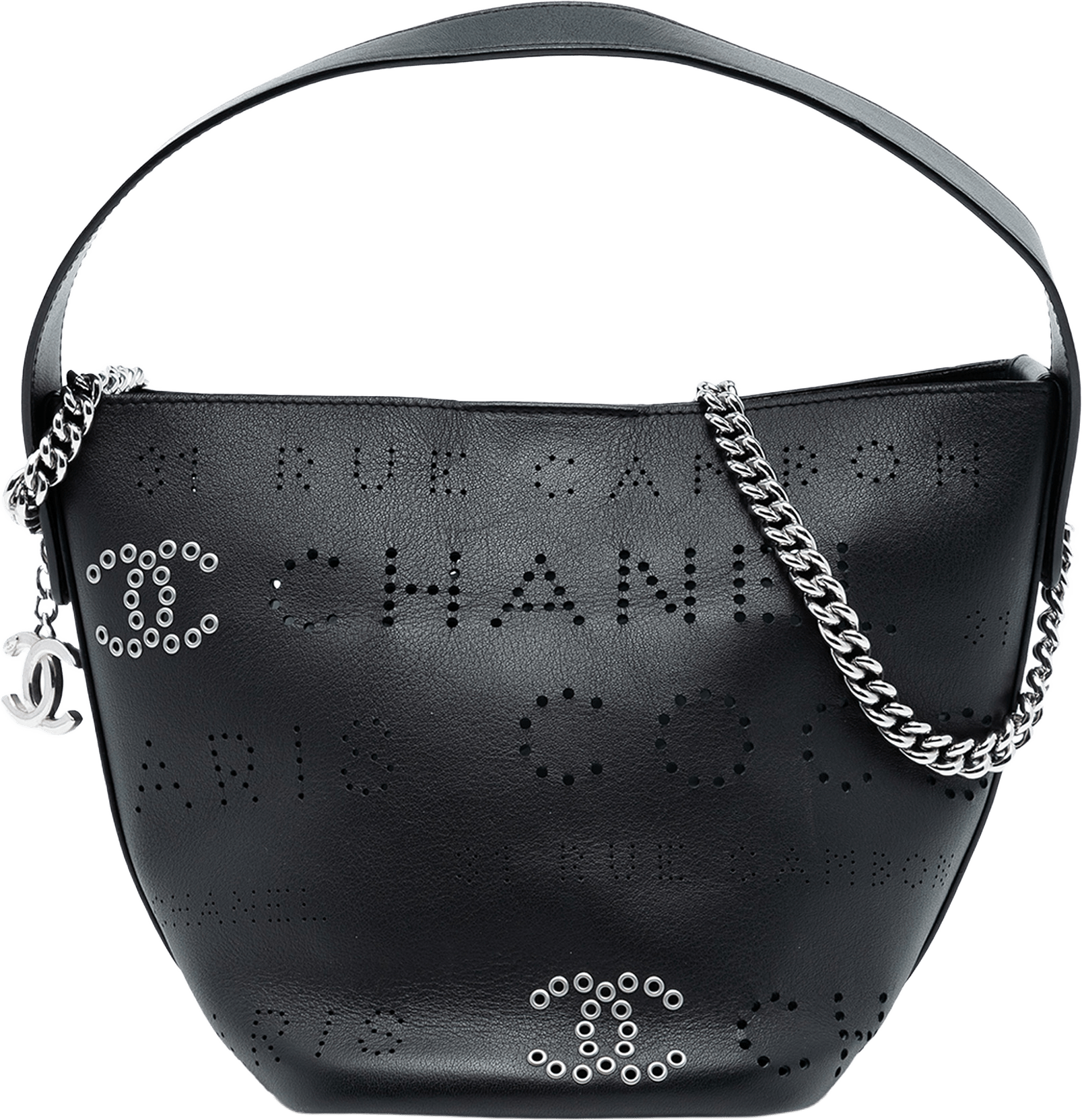 Chanel Small Perforated Calfskin Logo Eyelet Bucket Bag, från Luxclusif, i färgen black.