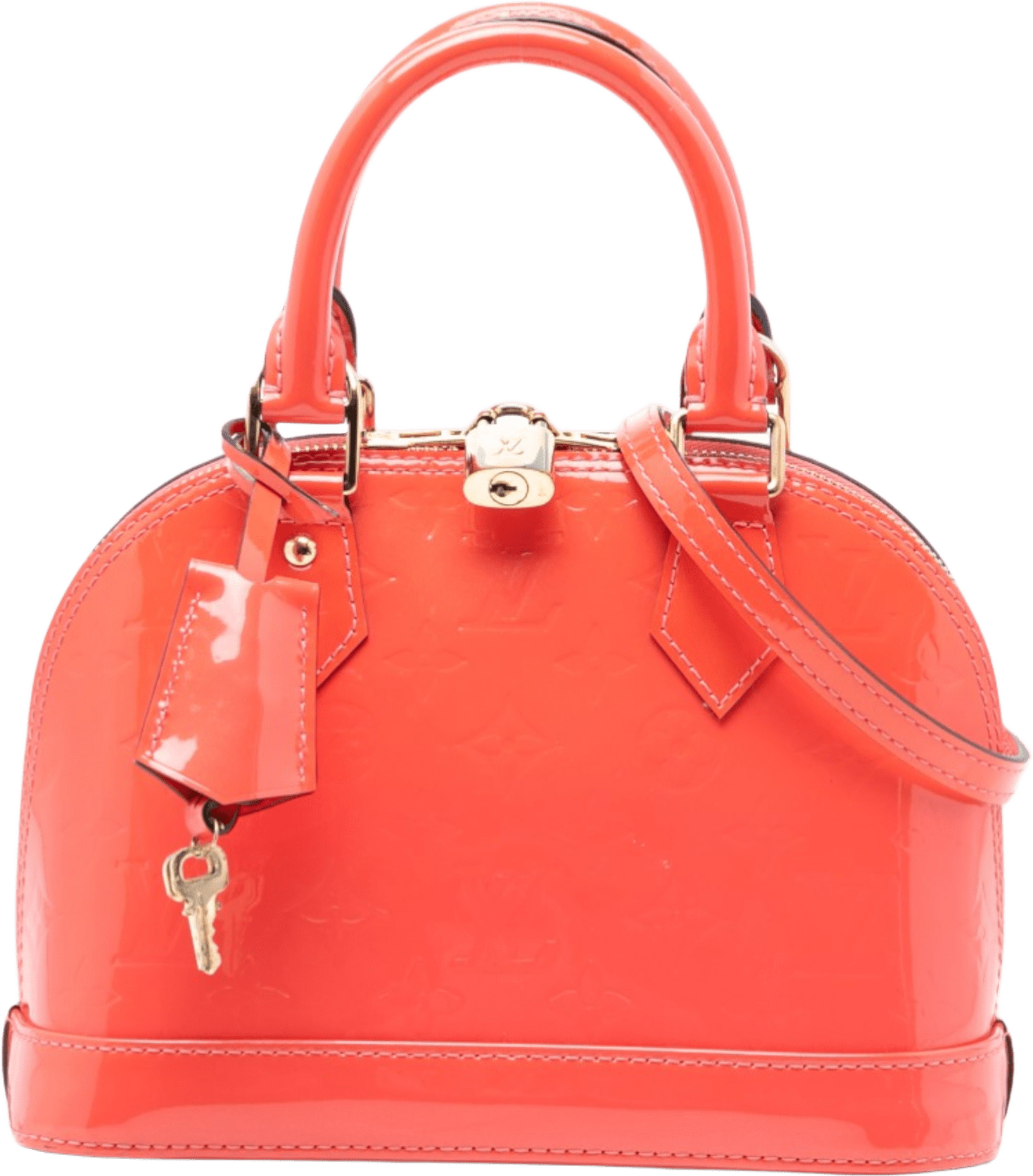 Louis Vuitton Monogram Vernis Alma Bb, från Luxclusif, i färgen orange.