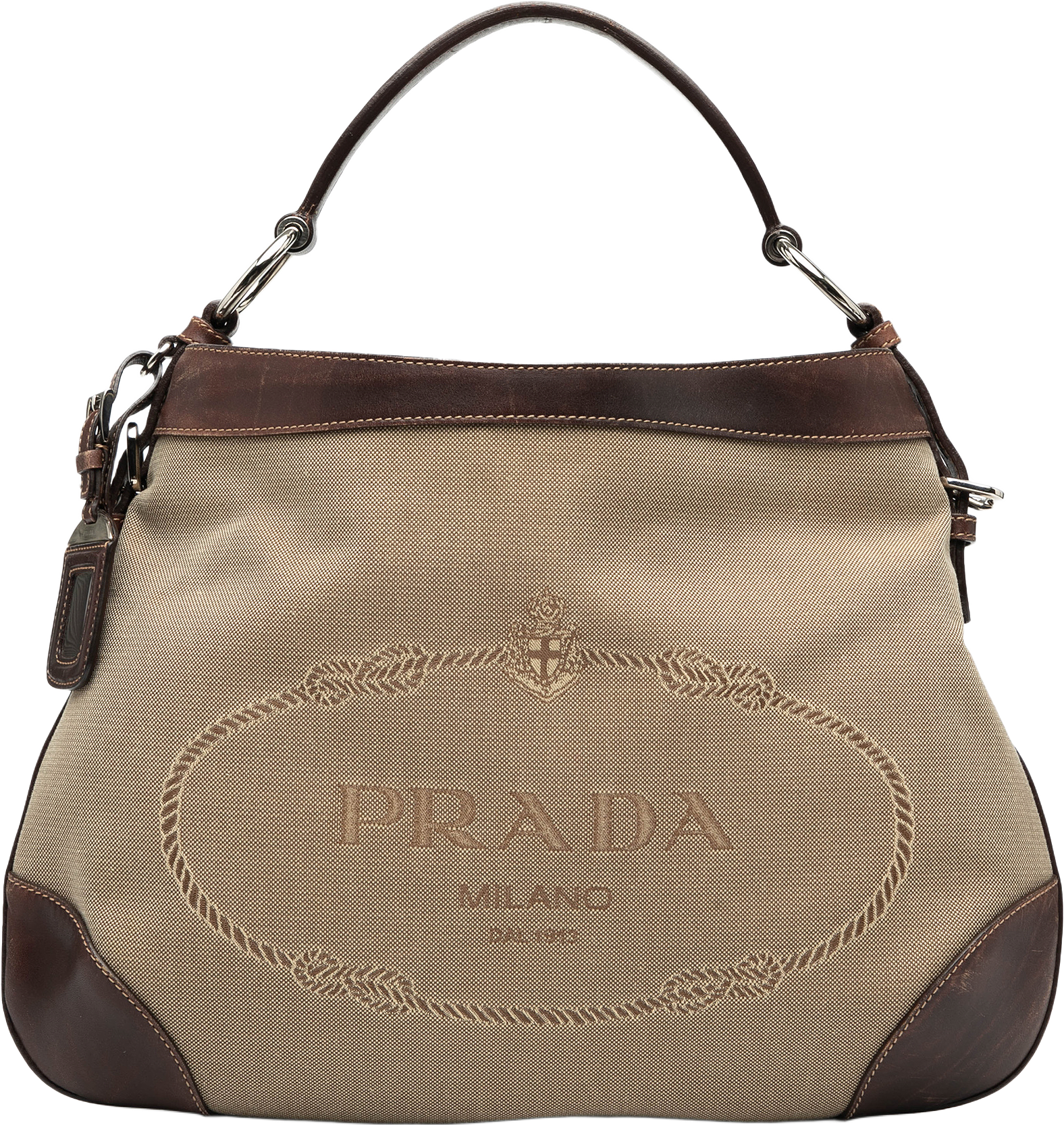 Prada Canvas Canapa Logo Hobo, från Luxclusif, i färgen beige.