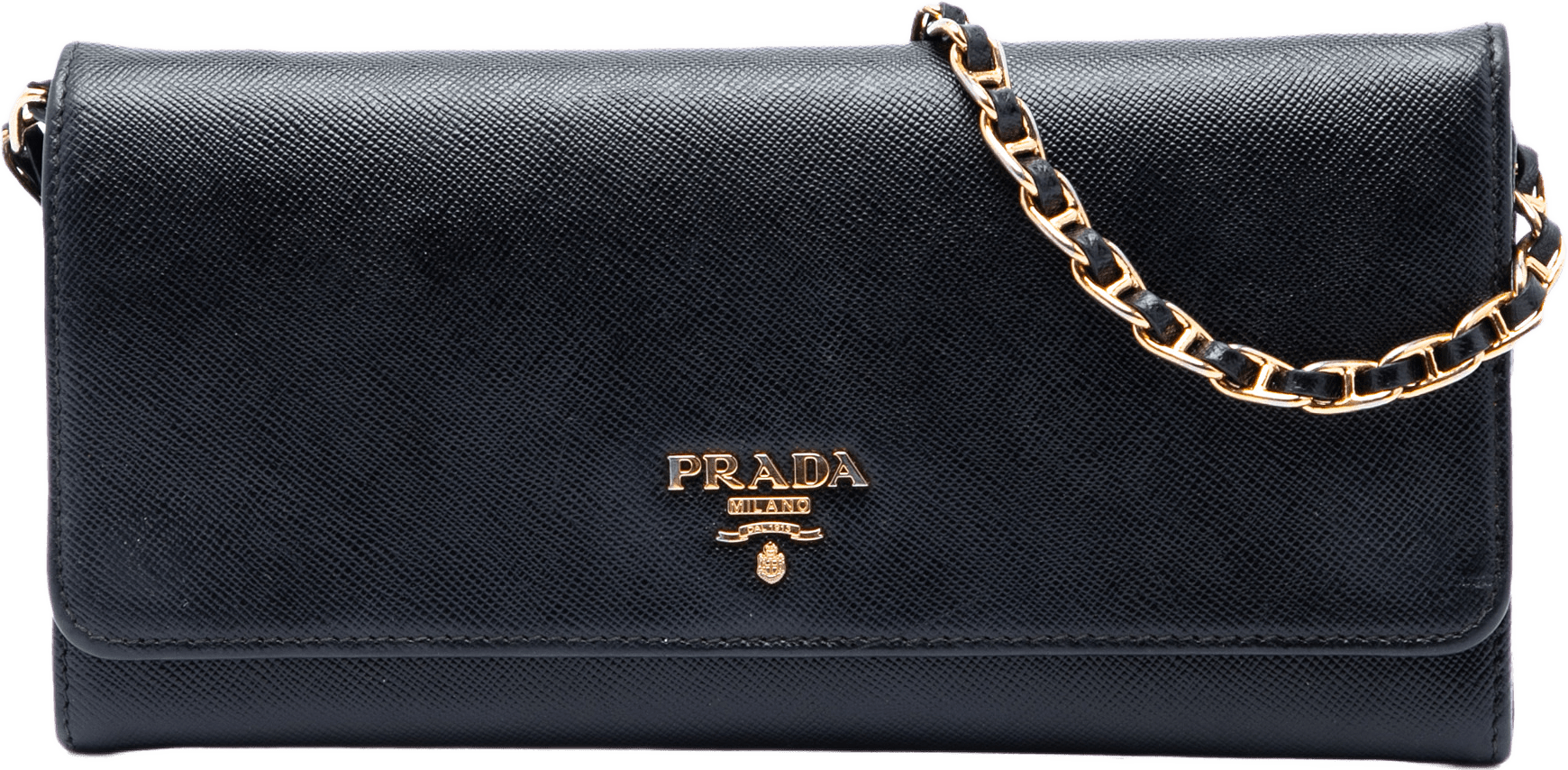 Prada Saffiano Wallet On Chain, från Luxclusif, i färgen svart.