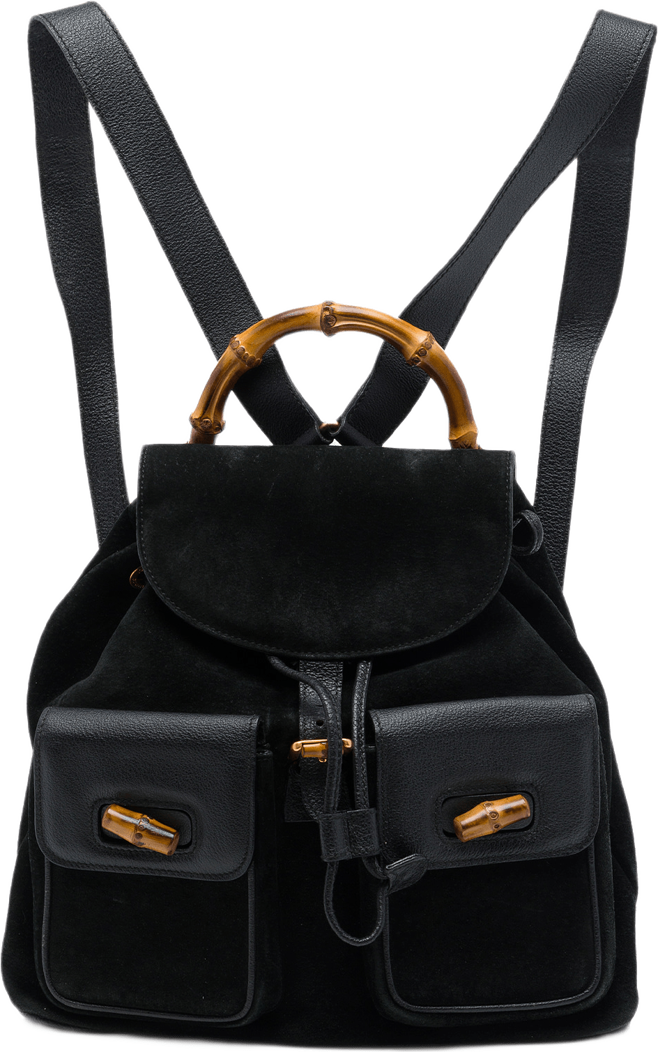 Gucci Large Suede Bamboo Drawstring Backpack, från Luxclusif, i färgen svart.