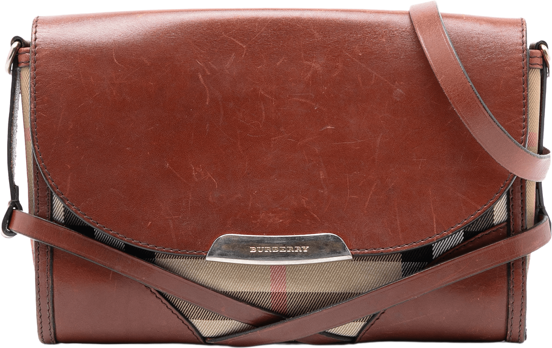 Burberry Leather And House Check Canvas Bridle Abbott Crossbody, från Luxclusif, i färgen brown.