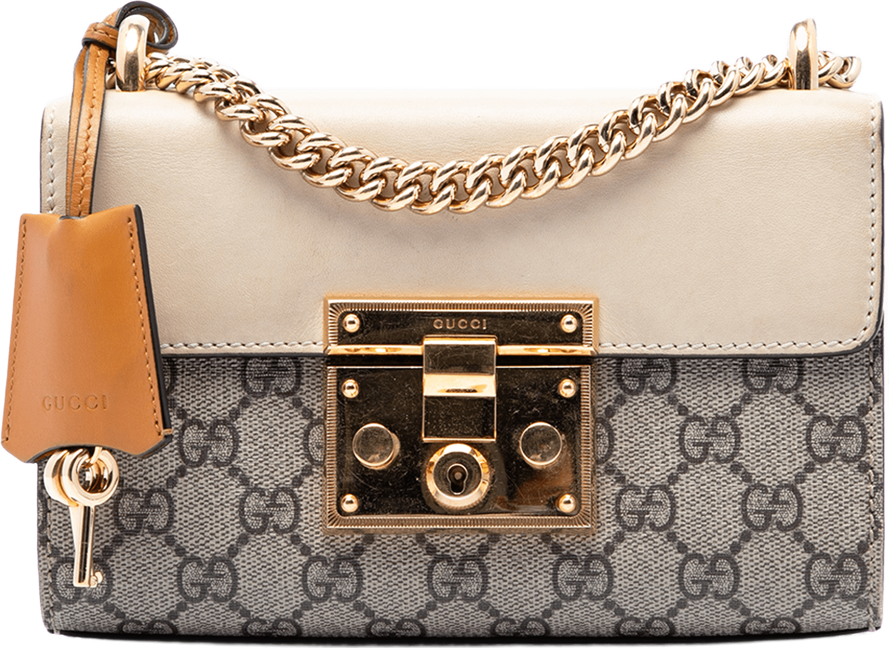 Gucci Small Gg Supreme Padlock Crossbody, från Luxclusif, i färgen beige.