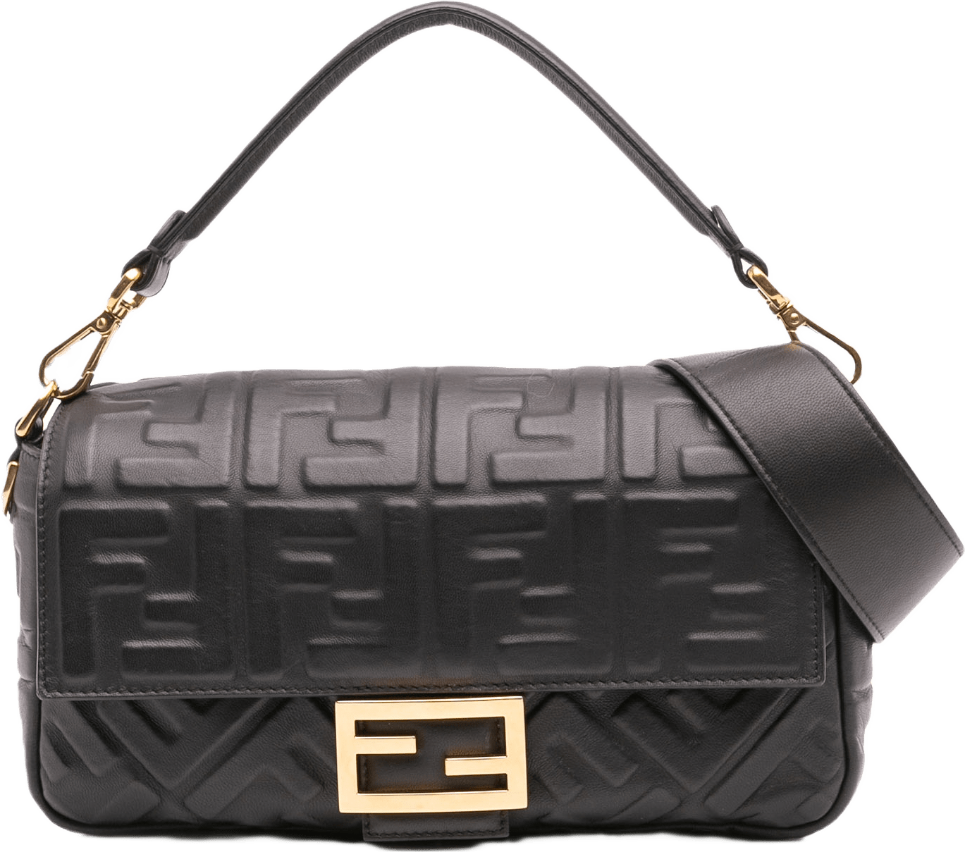 Fendi Zucca Embossed Leather Baguette Satchel, från Luxclusif, i färgen black.