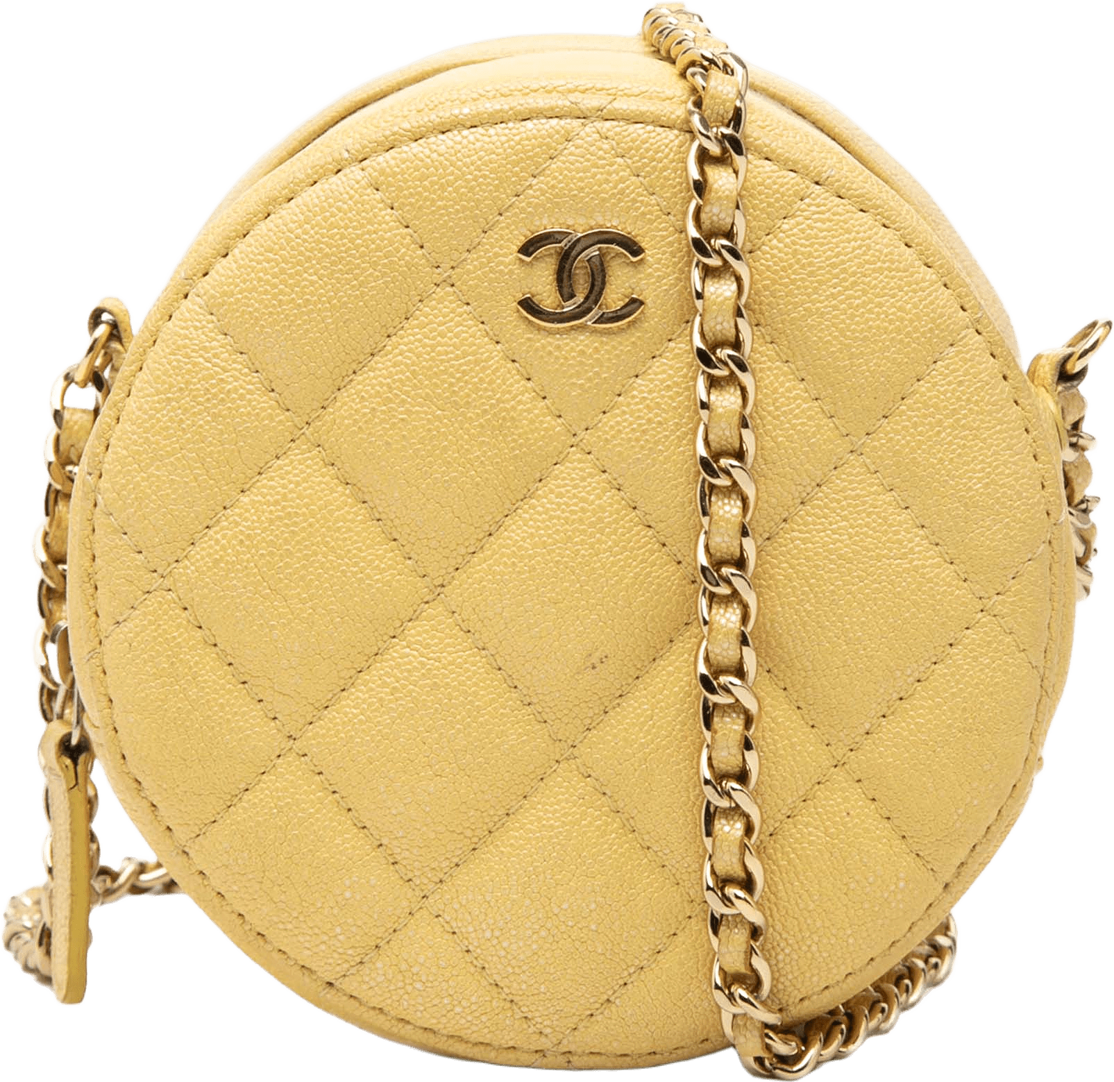 Chanel Cc Quilted Caviar Round Clutch With Chain, från Luxclusif, i färgen light yellow.