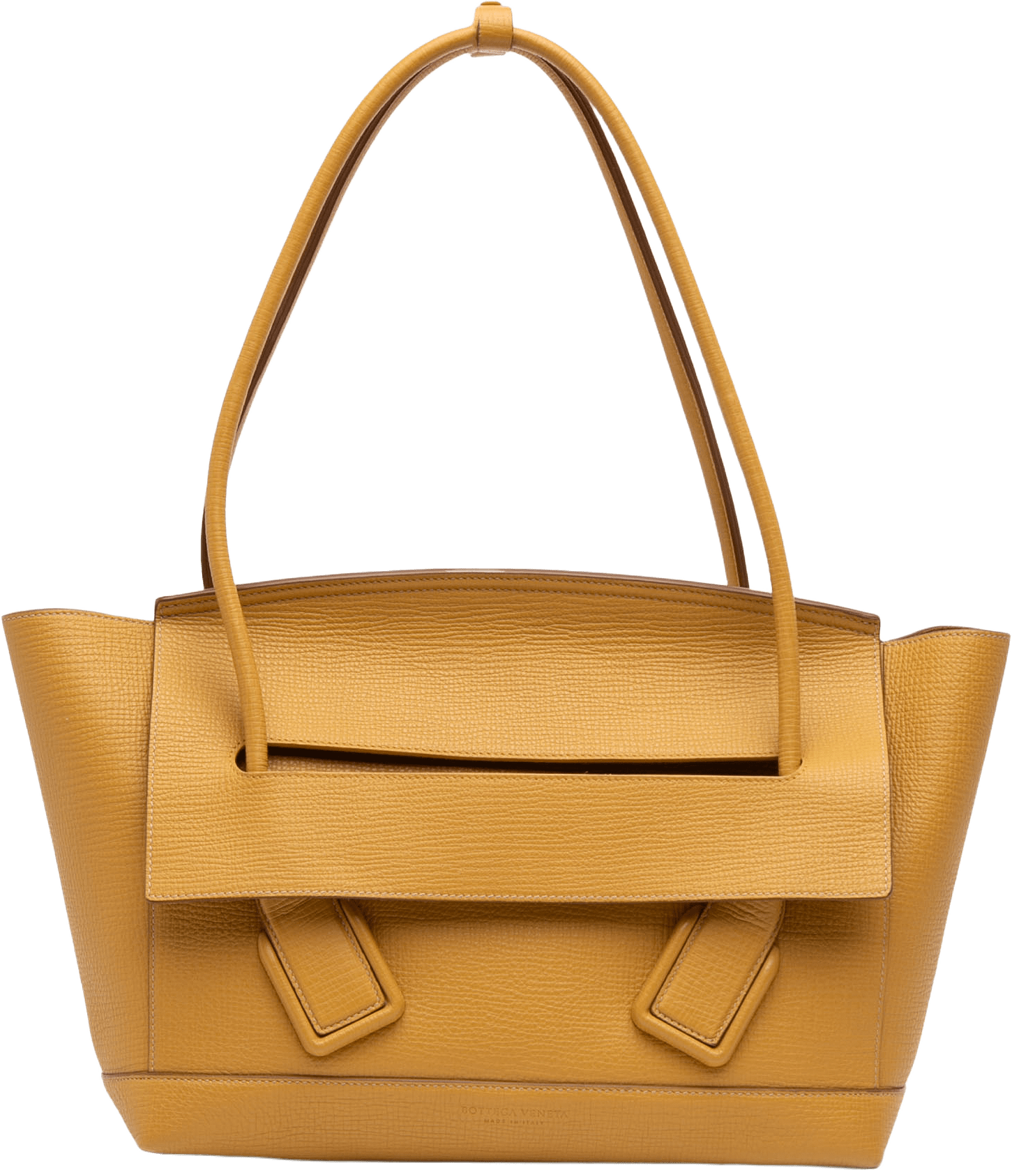 Bottega Veneta Medium Grained Calfskin The Arco Tote, från Luxclusif, i färgen mustard.