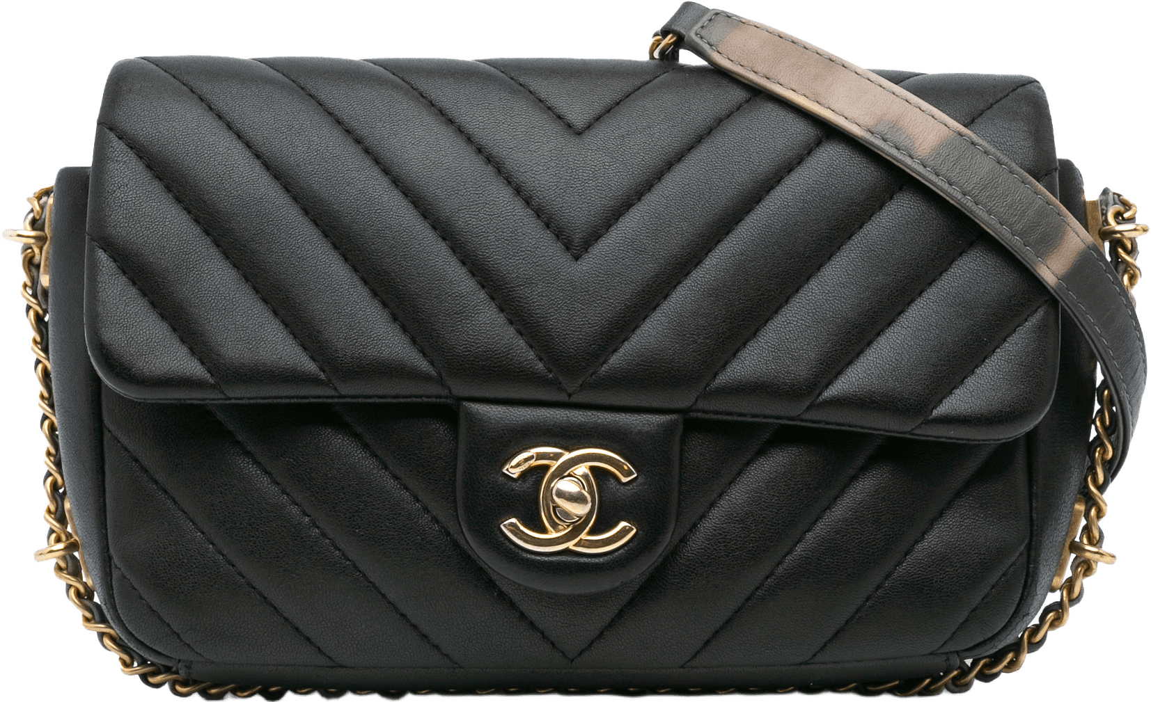 Chanel Mini Rectangular Chevron Lambskin Chain Around Flap, från Luxclusif, i färgen black.