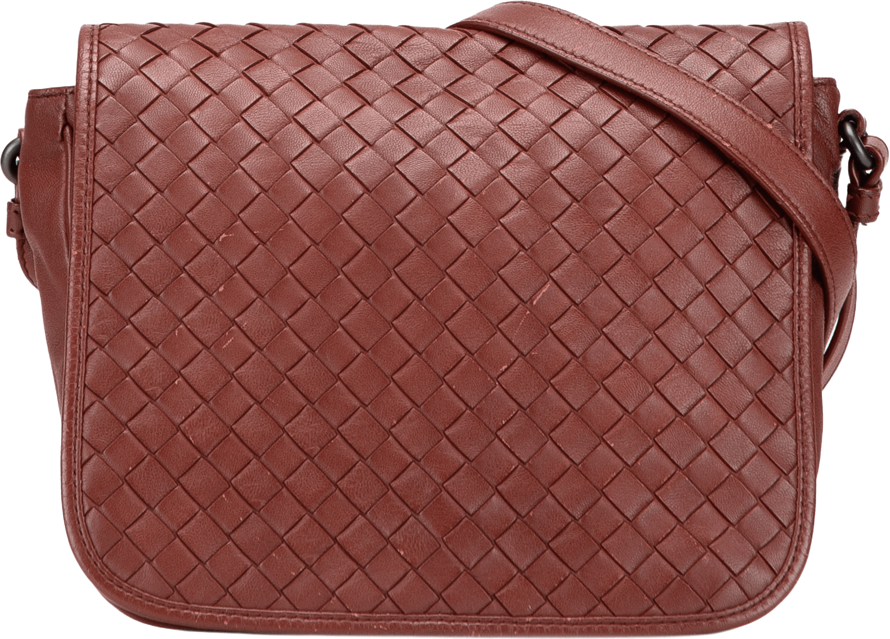 Bottega Veneta Nappa Intrecciato Flap Crossbody, från Luxclusif, i färgen indian red.