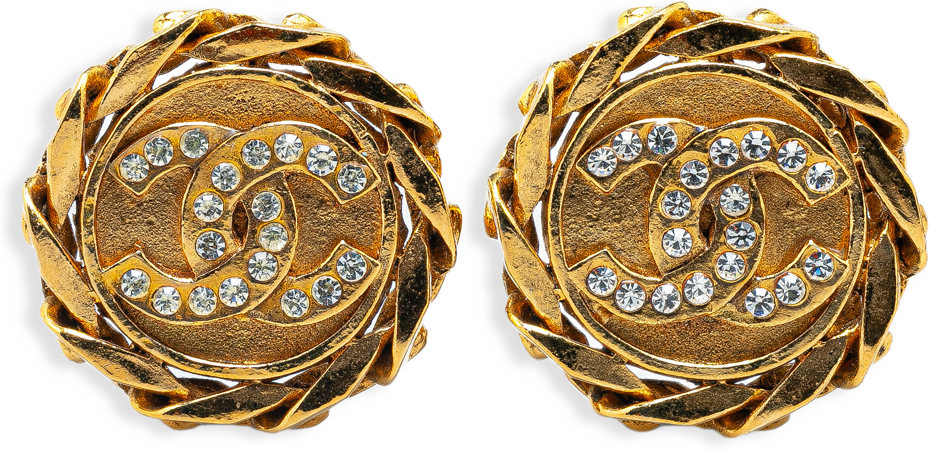 Chanel Gold Plated Cc Crystal Clip On Earrings