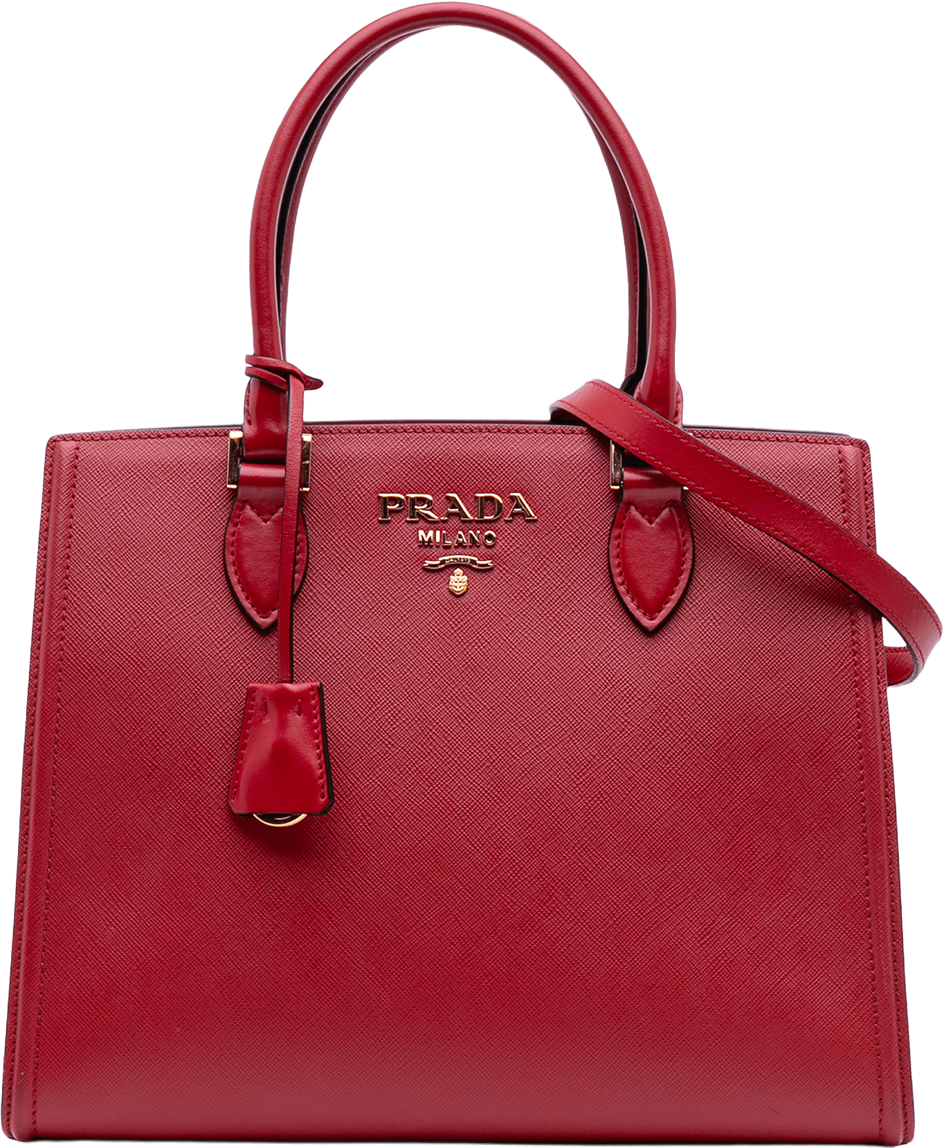Prada Soft Calf Trimmed Saffiano Convertible Tote, från Luxclusif, i färgen red.