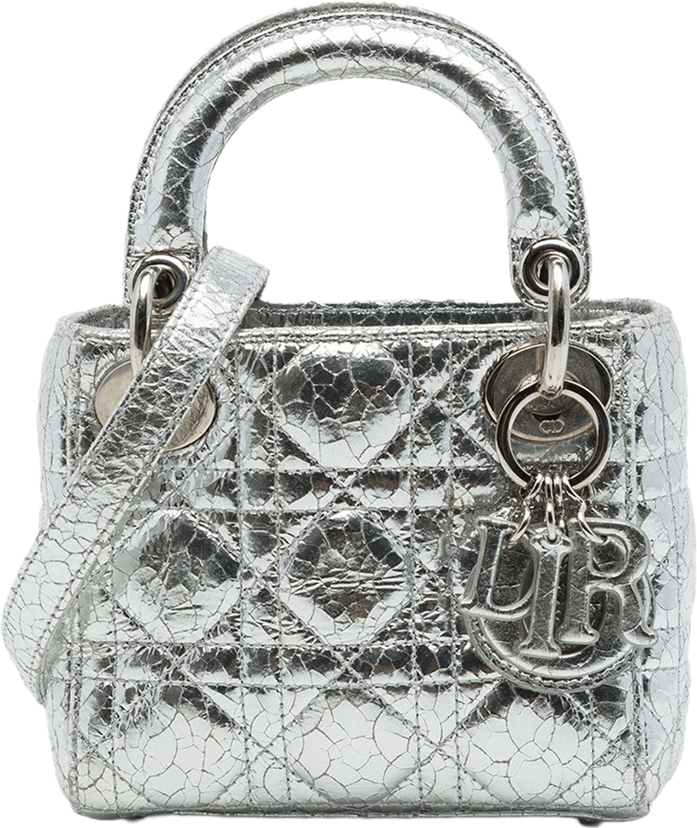 Dior Micro Metallic Crinkled Calfskin Cannage Lady Dior, från Luxclusif, i färgen silver.