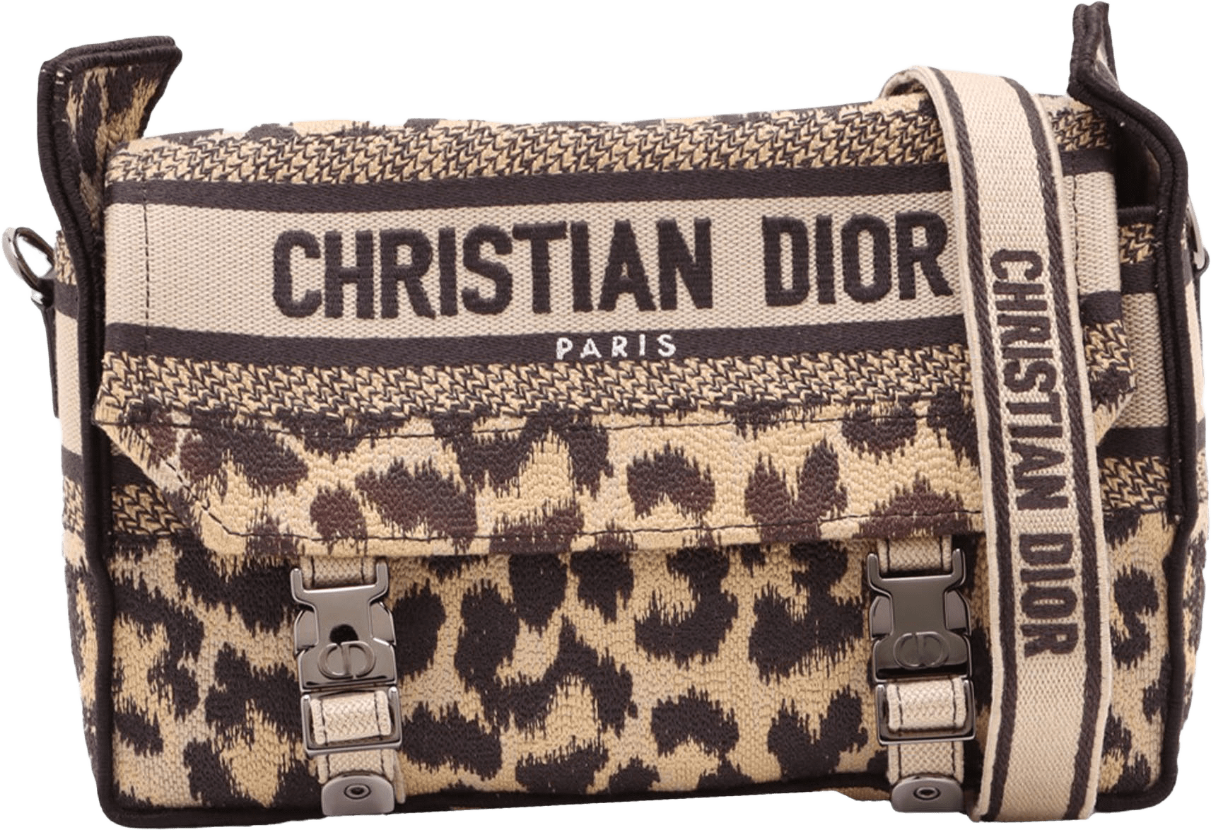 Dior Mizza Small Embroidered Canvas Leopard Diorcamp Messenger Bag, från Luxclusif, i färgen beige.