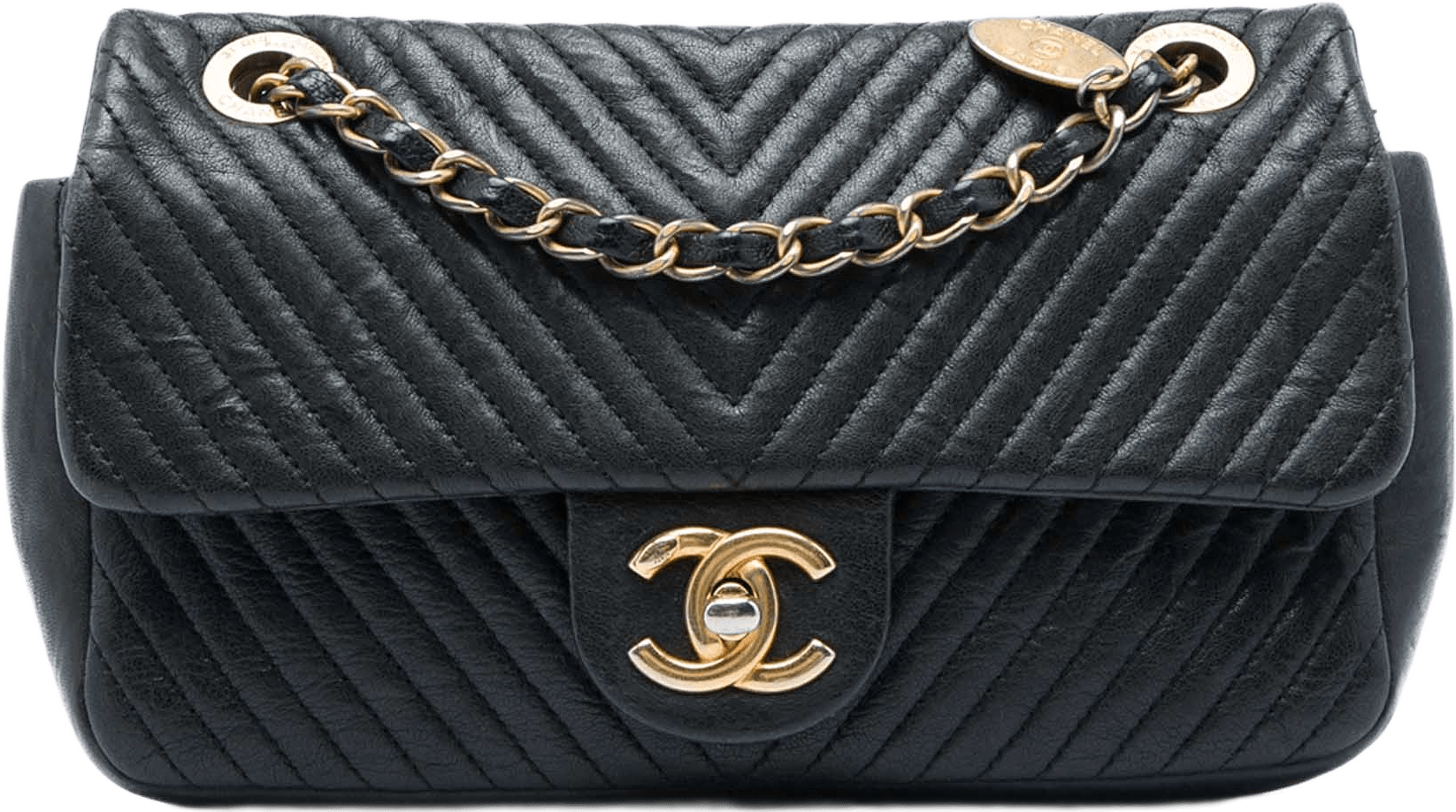 Chanel Small Chevron Wrinkled Calfskin Medallion Charm Surpique Flap, från Luxclusif, i färgen svart.