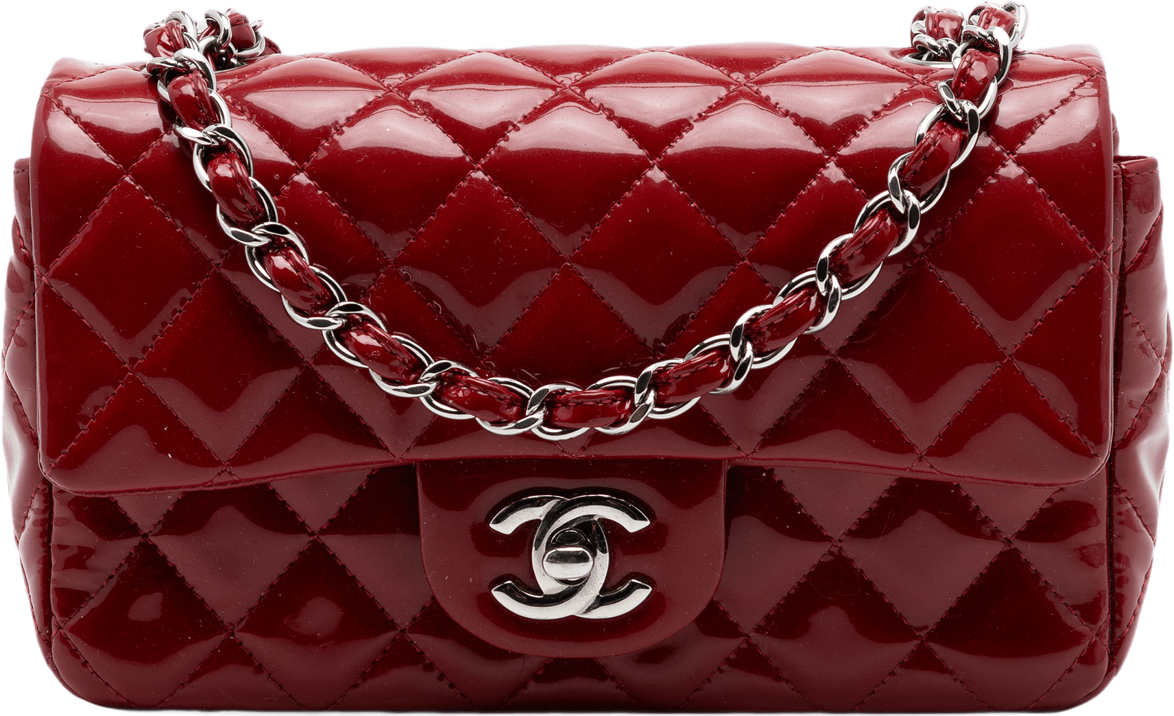 Chanel Mini Rectangular Classic Patent Single Flap, från Luxclusif, i färgen dark red.