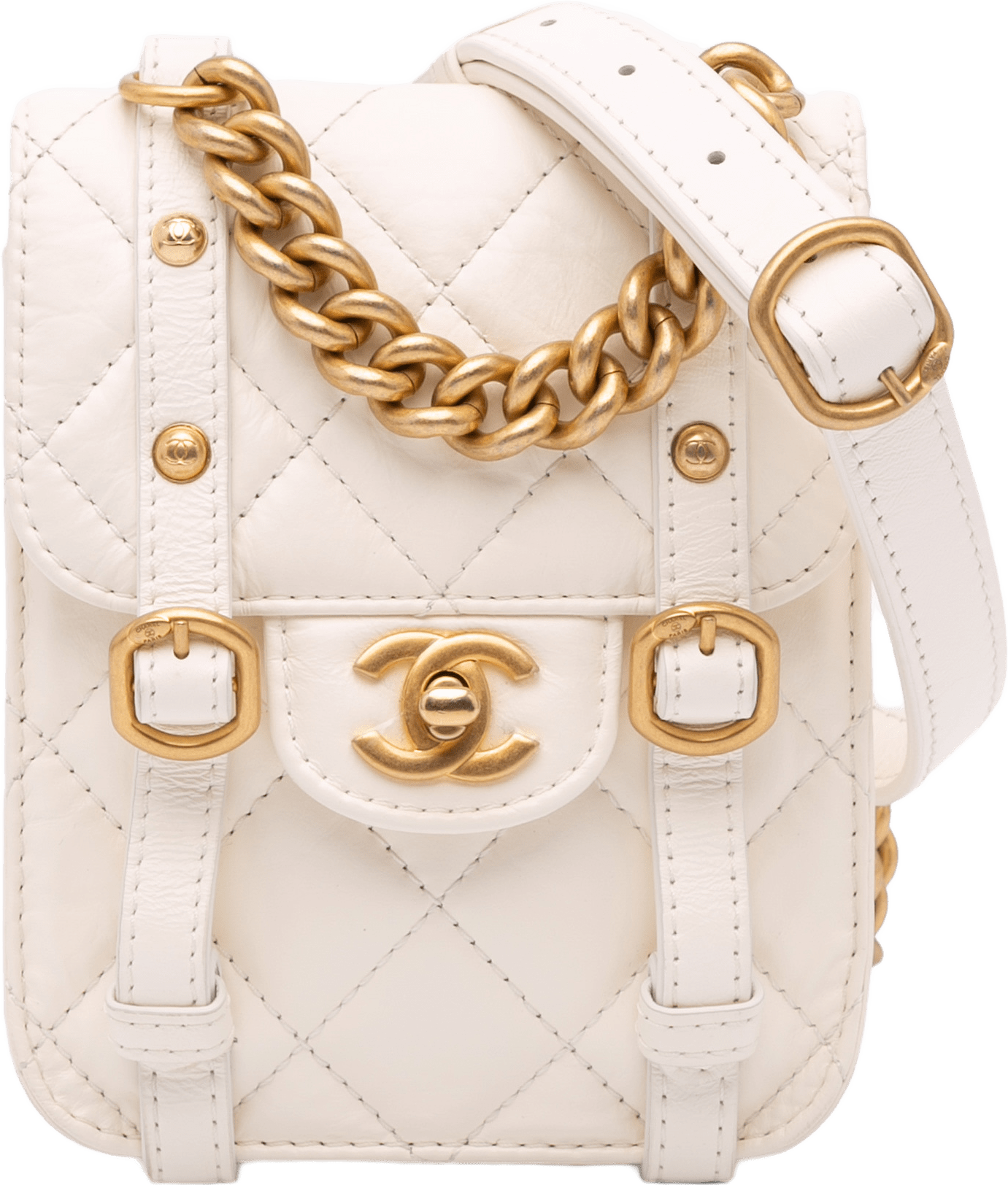 Chanel Mini Aged Calfskin City School Flap, från Luxclusif, i färgen ivory.