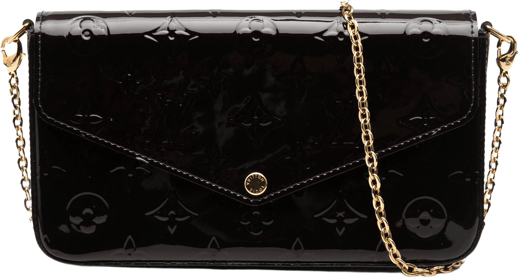 Louis Vuitton Monogram Vernis Pochette Felicie, från Luxclusif, i färgen purple.