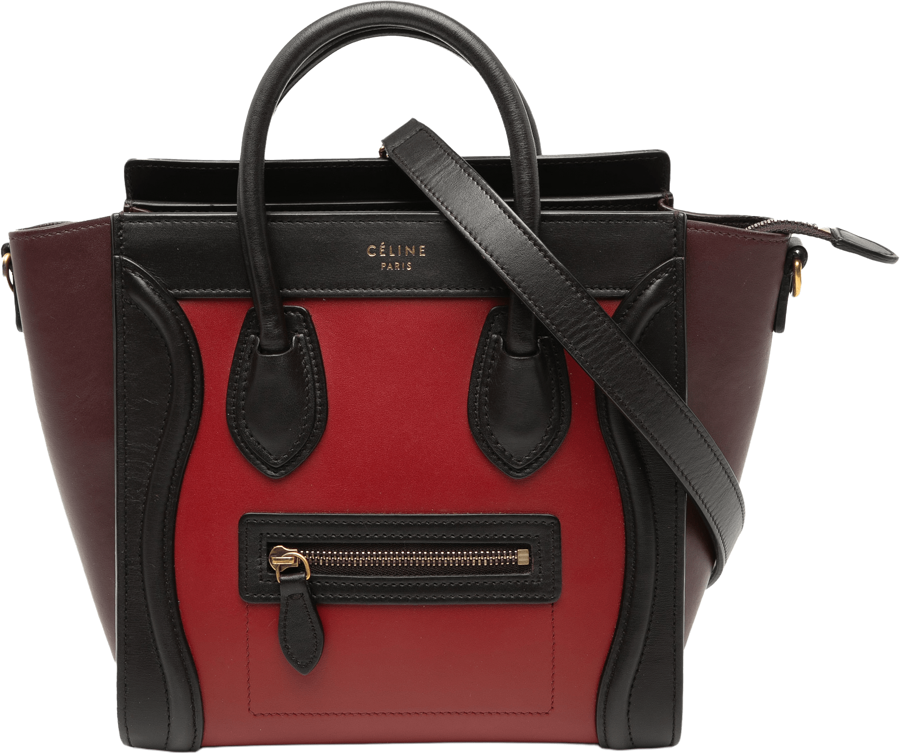 Celine Nano Tricolor Leather Luggage Tote, från Luxclusif, i färgen red.