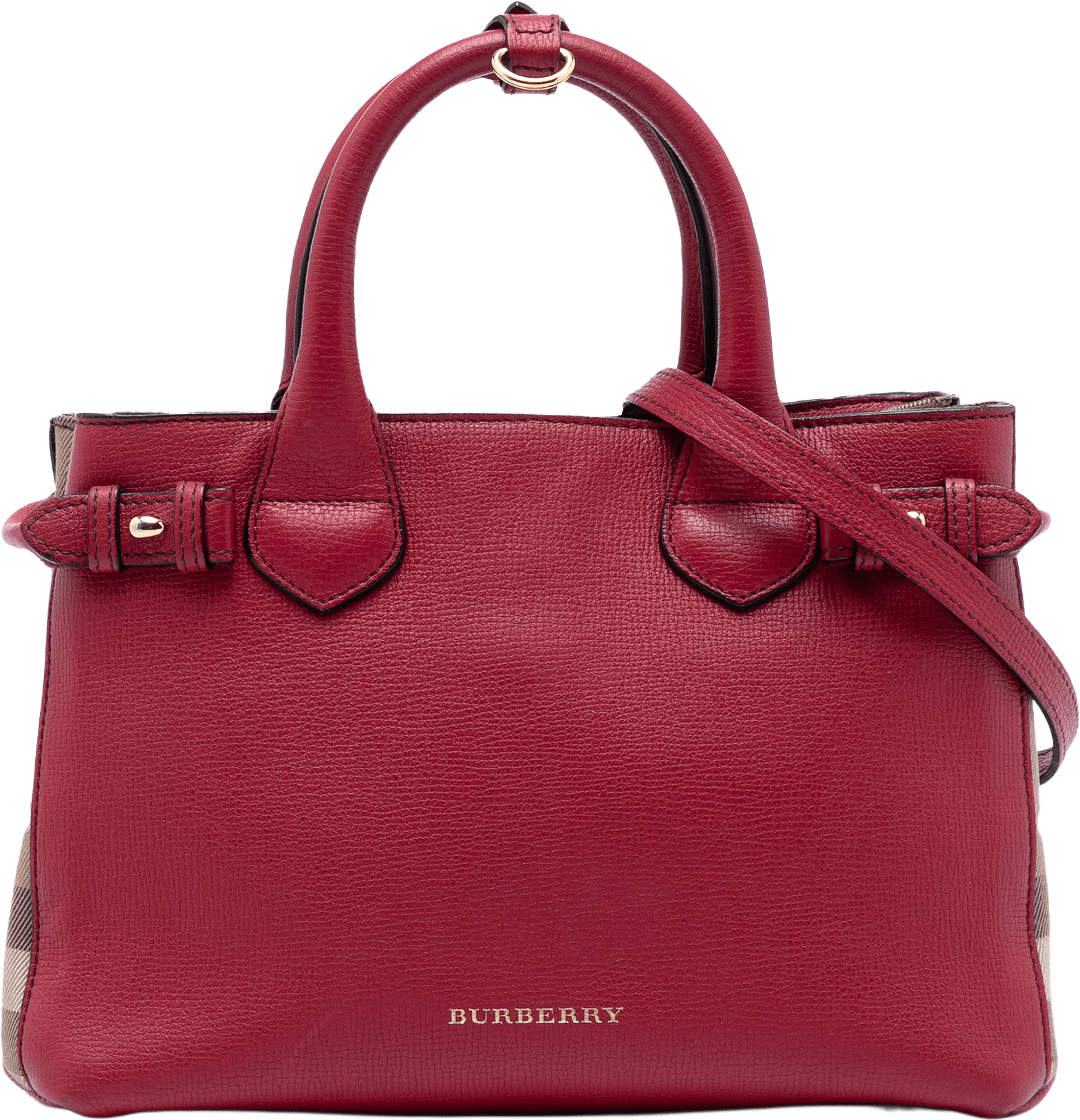 Burberry Small Grainy Calfskin And House Check Banner Satchel, från Luxclusif, i färgen red.