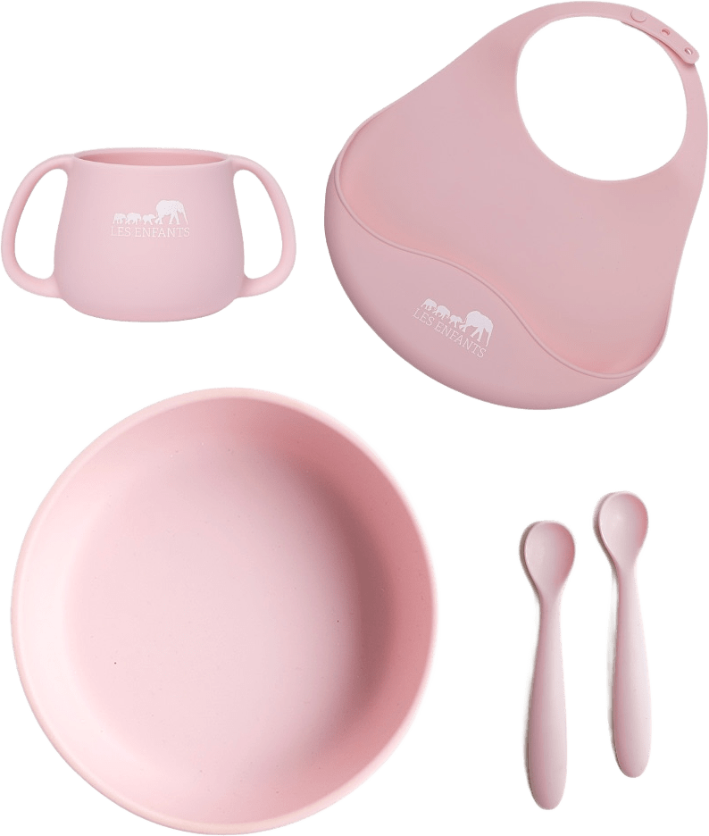 Eating  Silver  Bundle (plate Bowl + Spoon Set + Bib + Cup), från Les Enfants, i färgen rose.