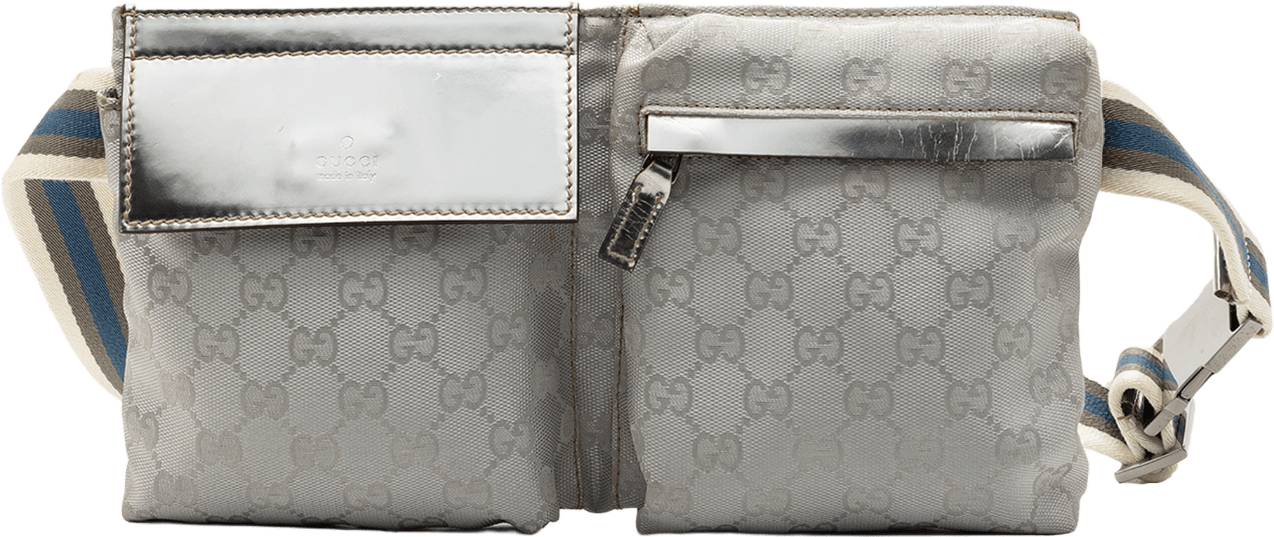 Gucci Gg Canvas Web Double Pocket Belt Bag, från Luxclusif, i färgen light gray.