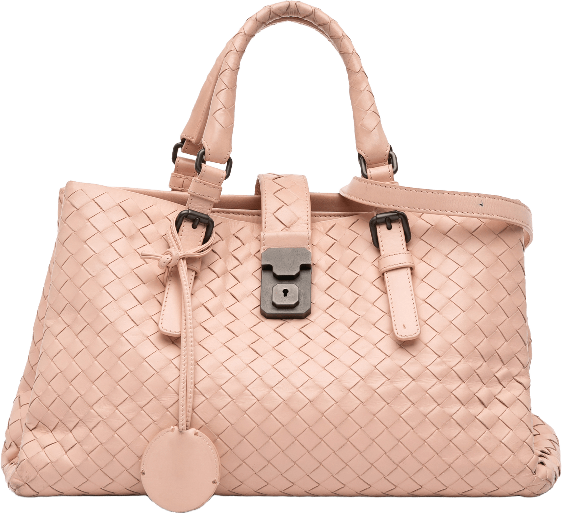 Bottega Veneta Small Nappa Intrecciato Roma Satchel, från Luxclusif, i färgen beige.