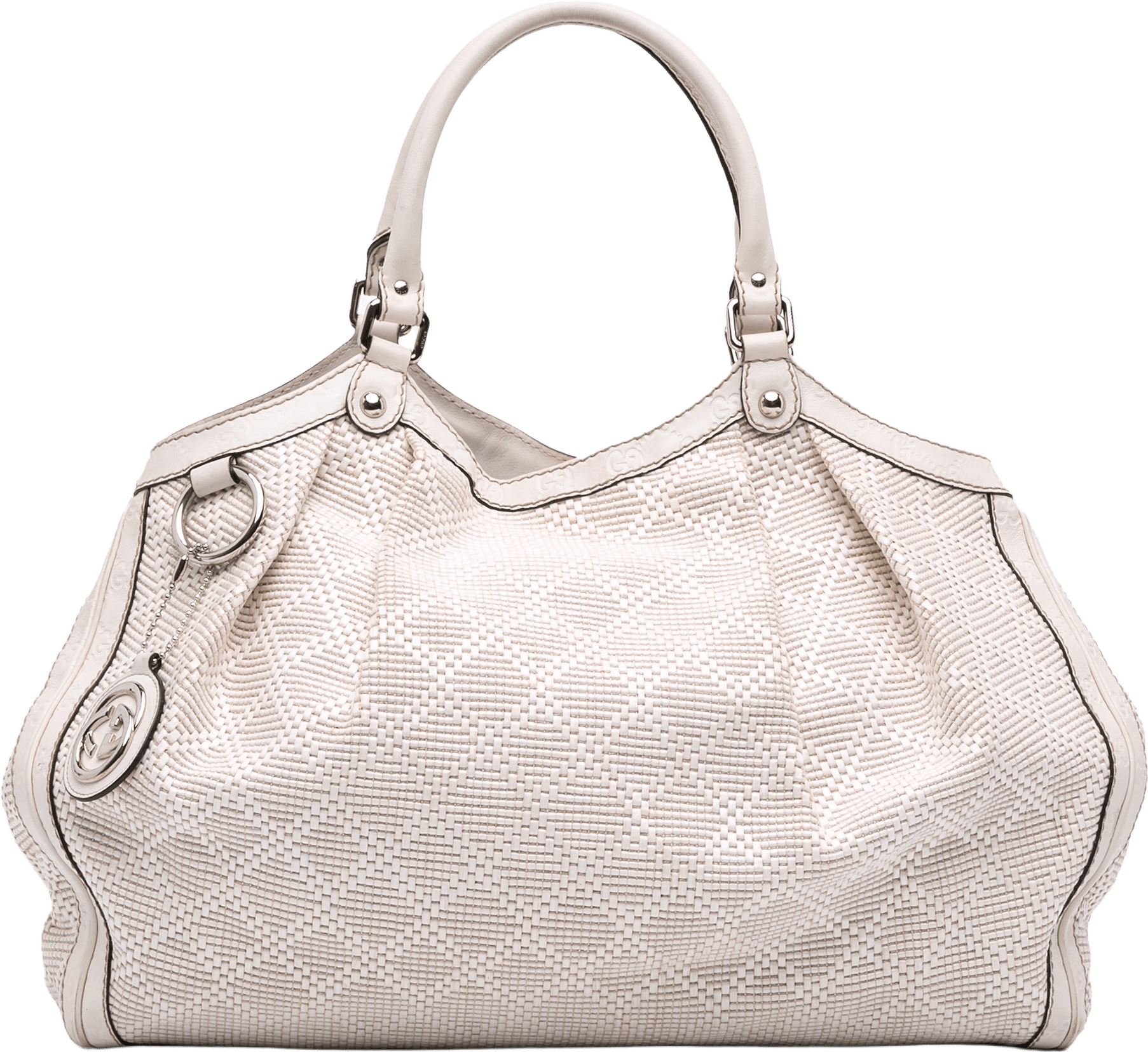 Gucci Large Diamante Raffia Sukey Tote, från Luxclusif, i färgen white.