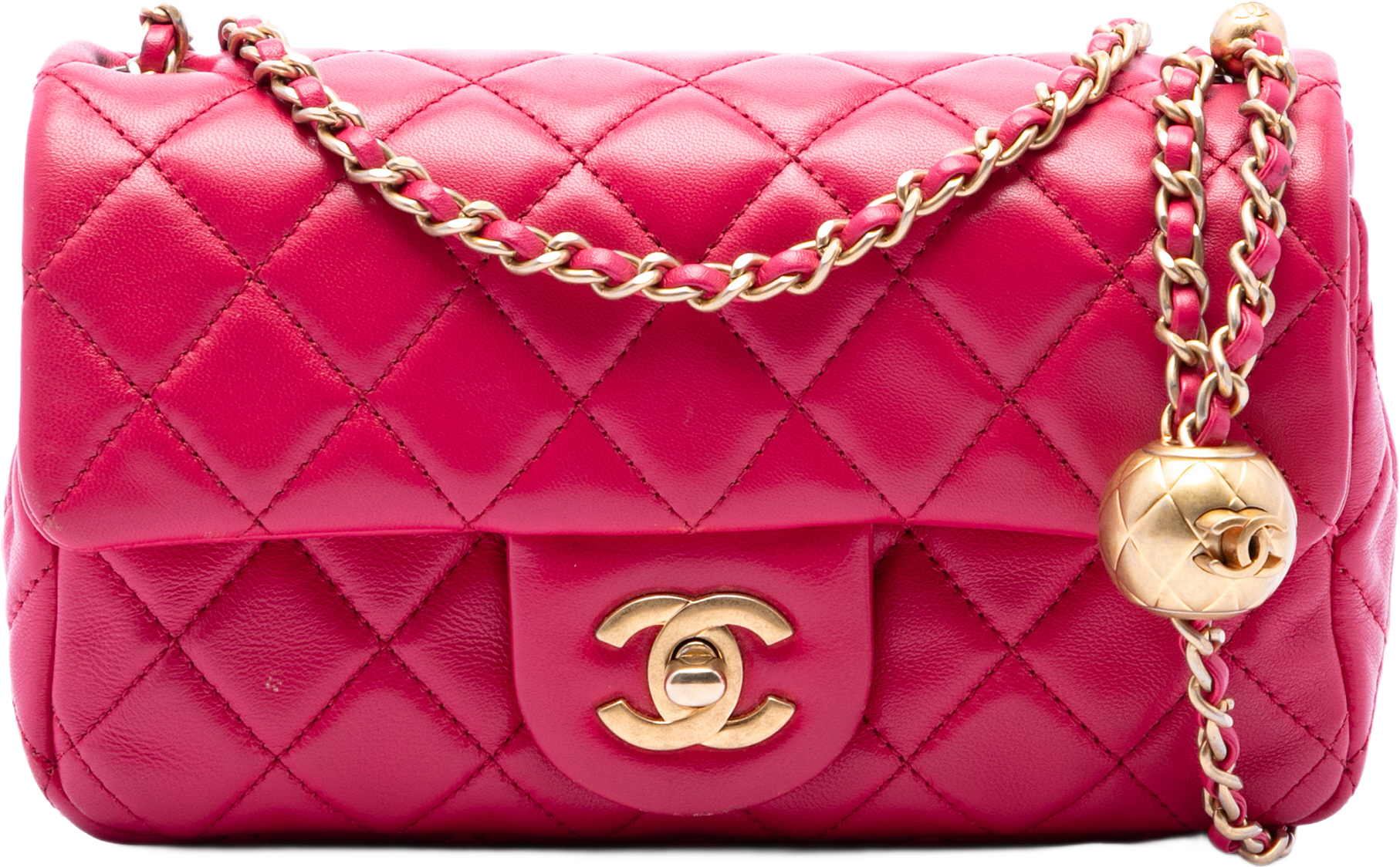Chanel Mini Rectangular Classic Lambskin Pearl Crush Single Flap, från Luxclusif, i färgen rosa.