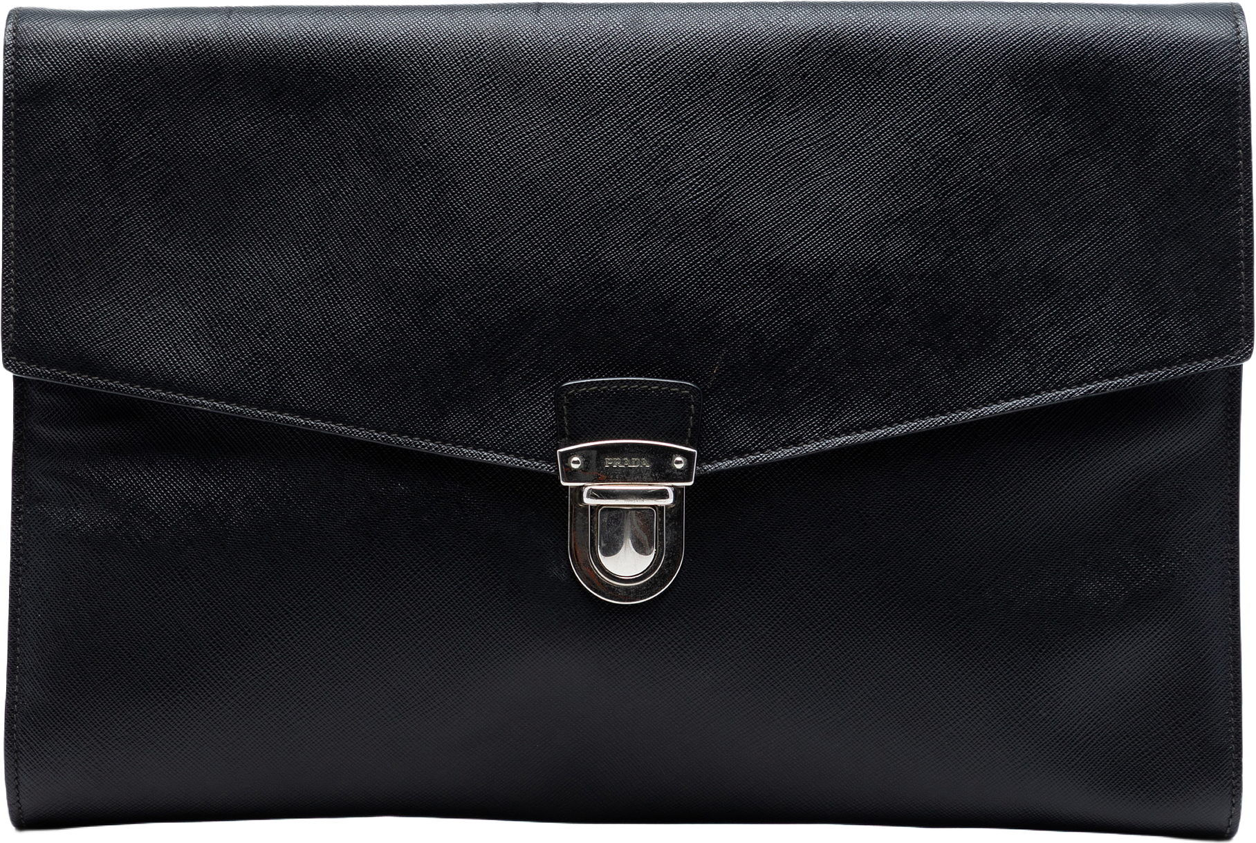 Prada Large Saffiano Envelope Pushlock Clutch, från Luxclusif, i färgen black.