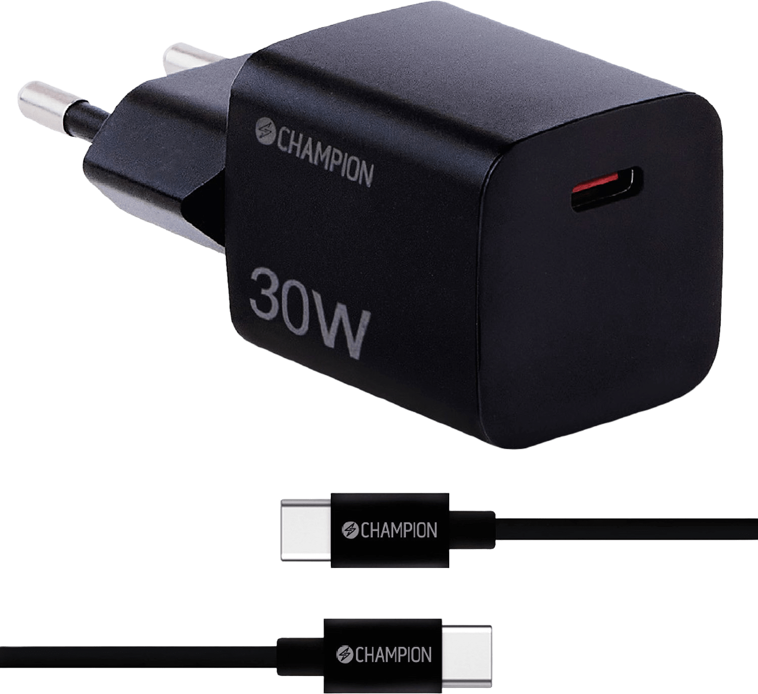 Laddare 30w + Usb-c Kabel, från Champion Nordic, i färgen svart.