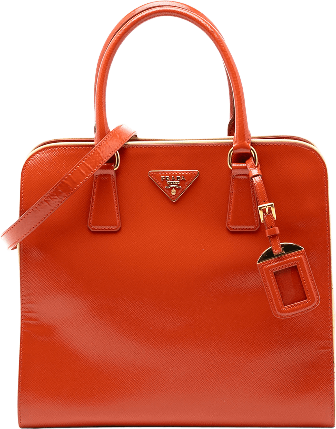 Prada Saffiano Vernice Open Convertible Tote, från Luxclusif, i färgen dark orange.