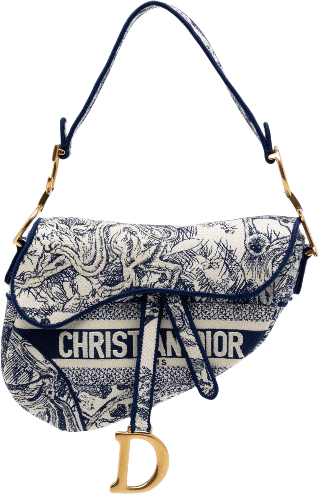 Dior Embroidered Canvas Toile De Jouy Saddle Bag, från Luxclusif, i färgen navy.