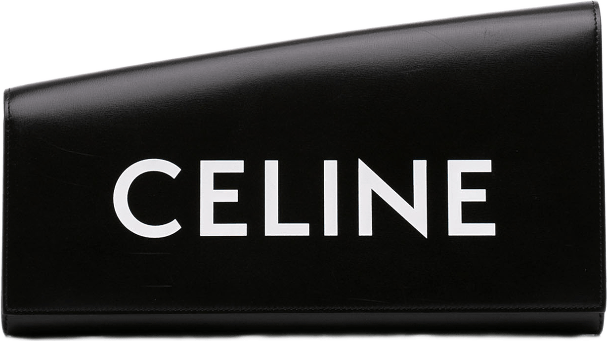 Celine Leather Asymmetric Logo Clutch, från Luxclusif, i färgen svart.