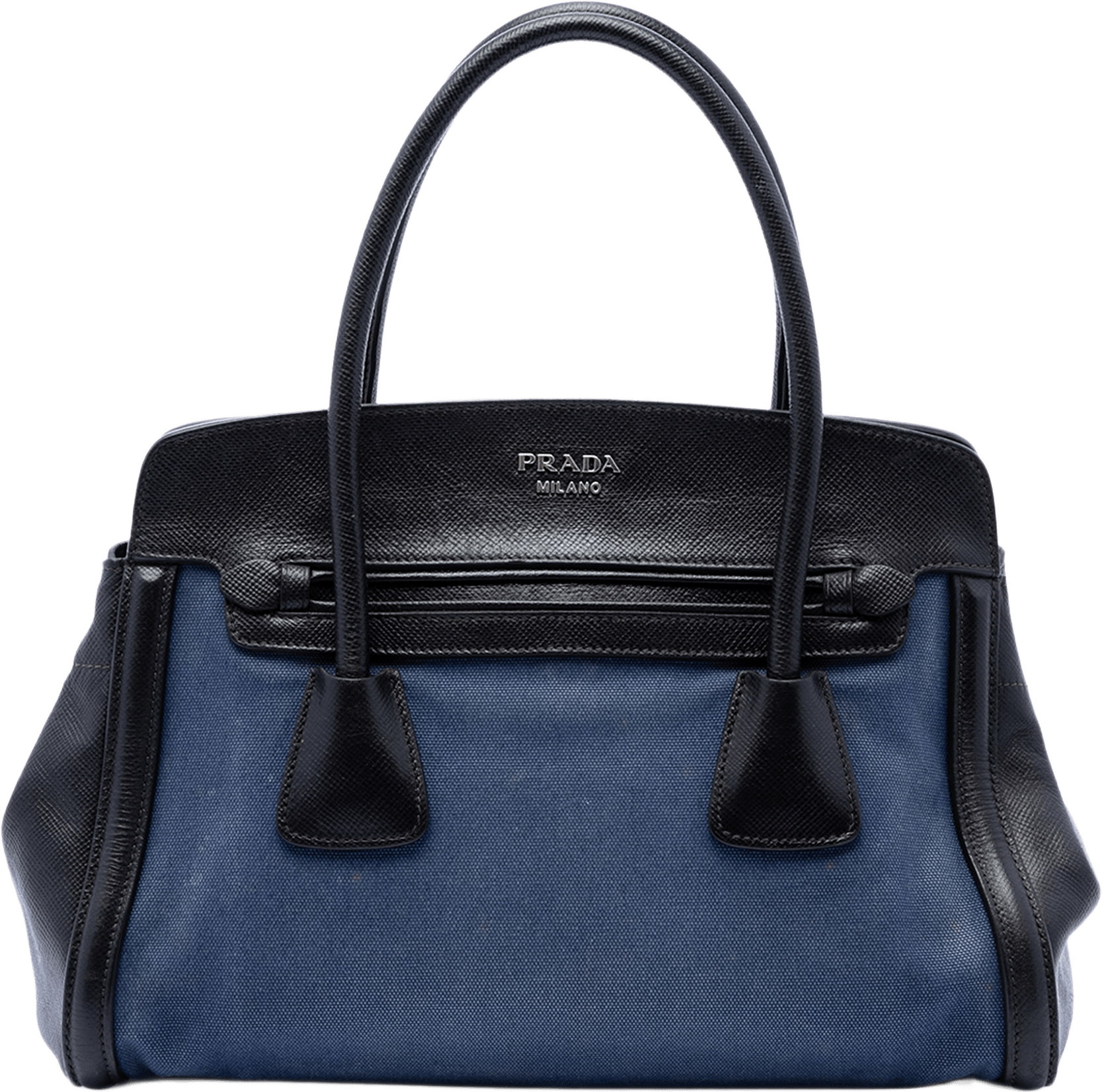 Prada Bicolor Saffiano Cuir Trimmed Canvas Satchel, från Luxclusif, i färgen dark blue.