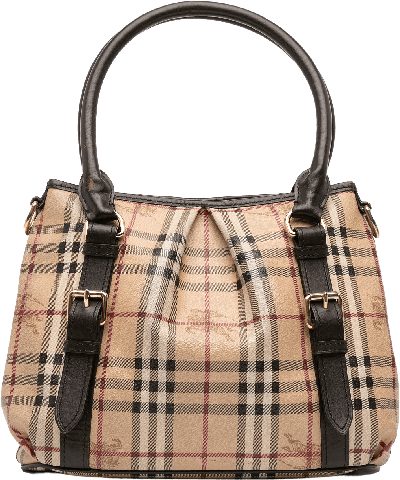 Burberry Small Haymarket Check Coated Canvas Northfield Satchel, från Luxclusif, i färgen beige.