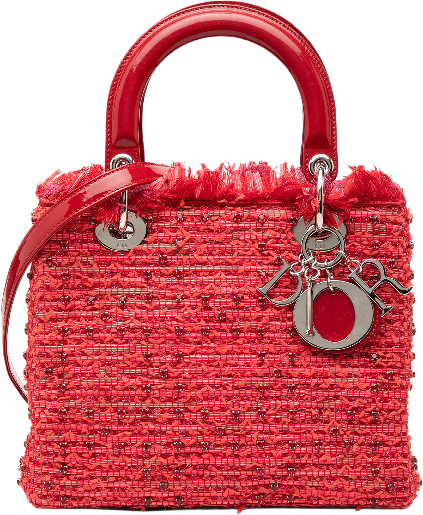 Dior Medium Tweed Fringe Rhinestone Lady Dior, från Luxclusif, i färgen röd.