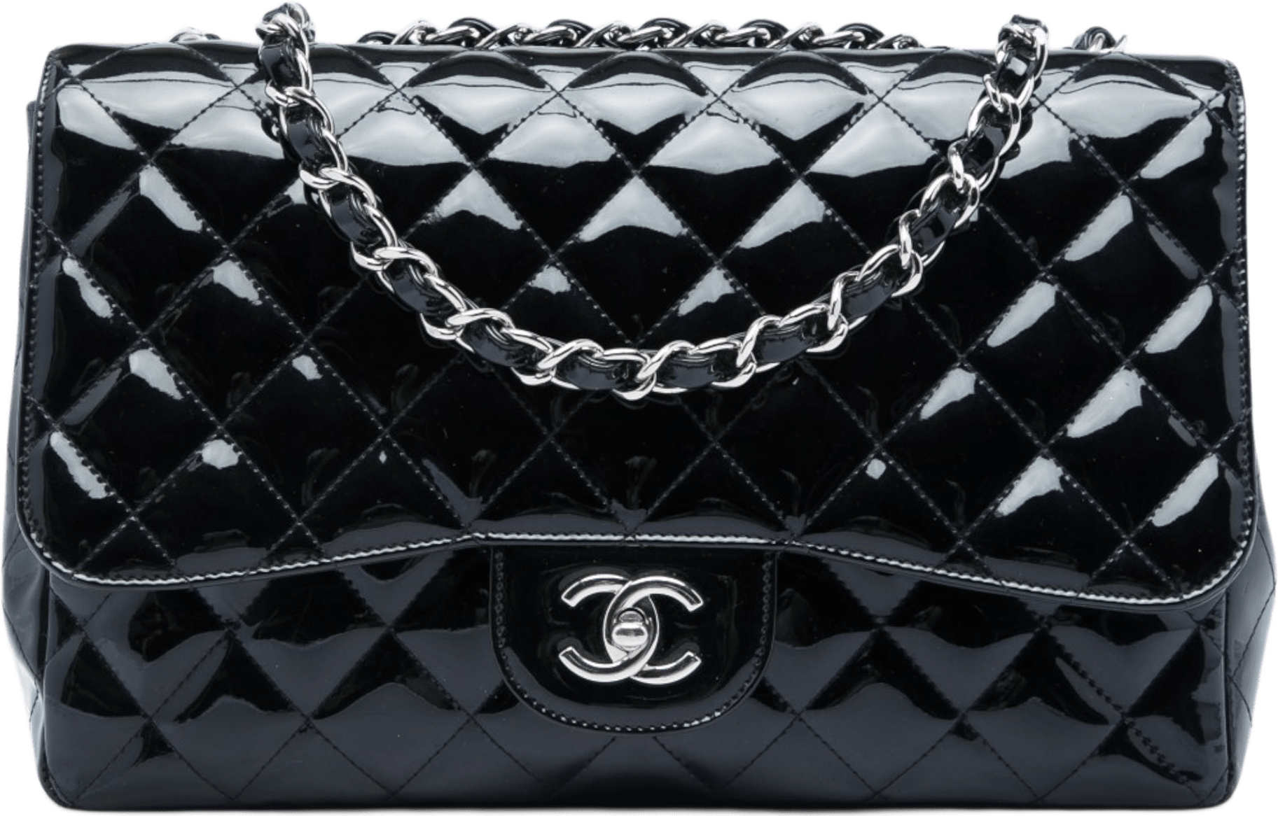 Chanel Jumbo Classic Patent Single Flap, från Luxclusif, i färgen svart.