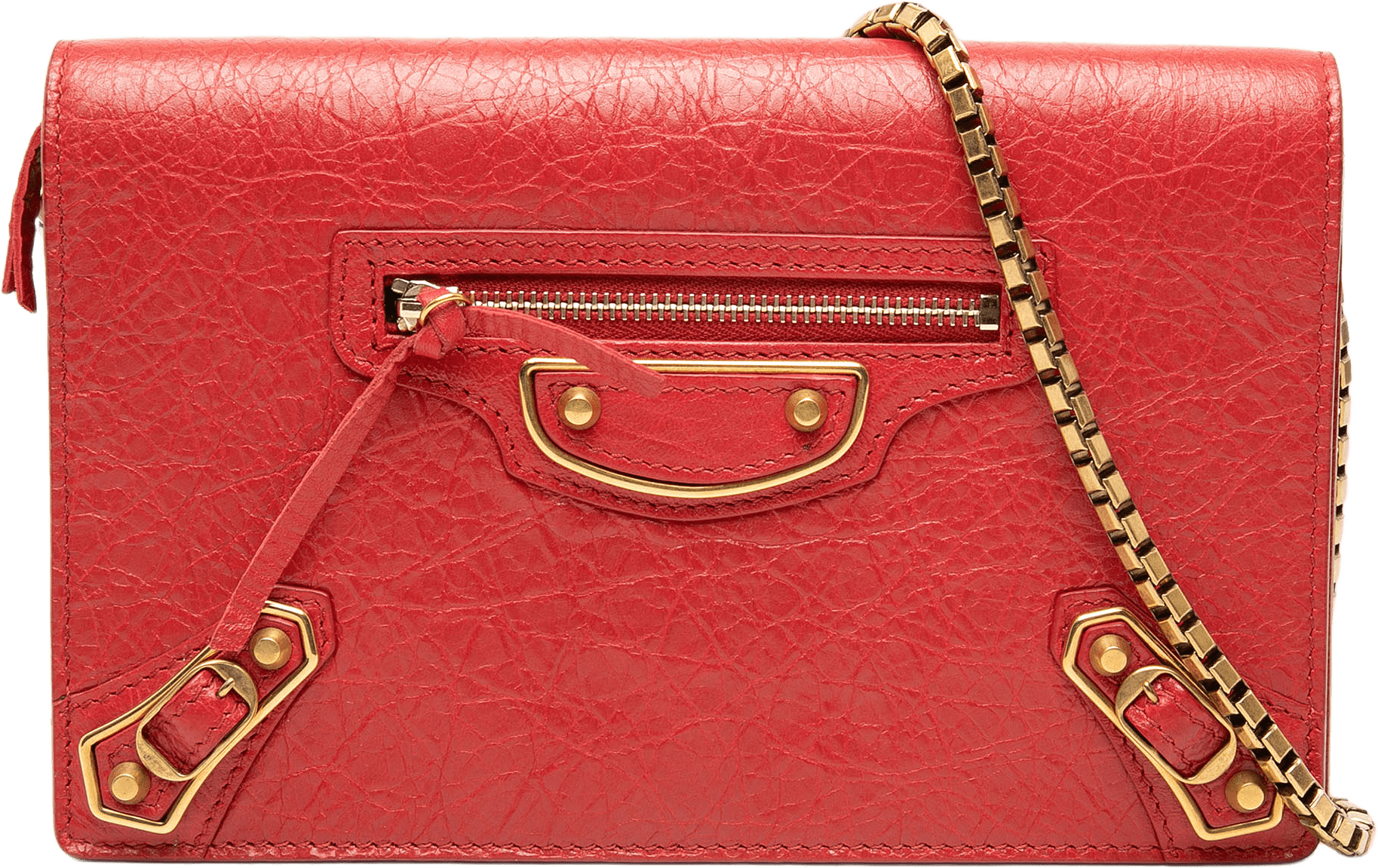 Balenciaga Chevre Motocross Metallic Edge Wallet On Chain, från Luxclusif, i färgen red.