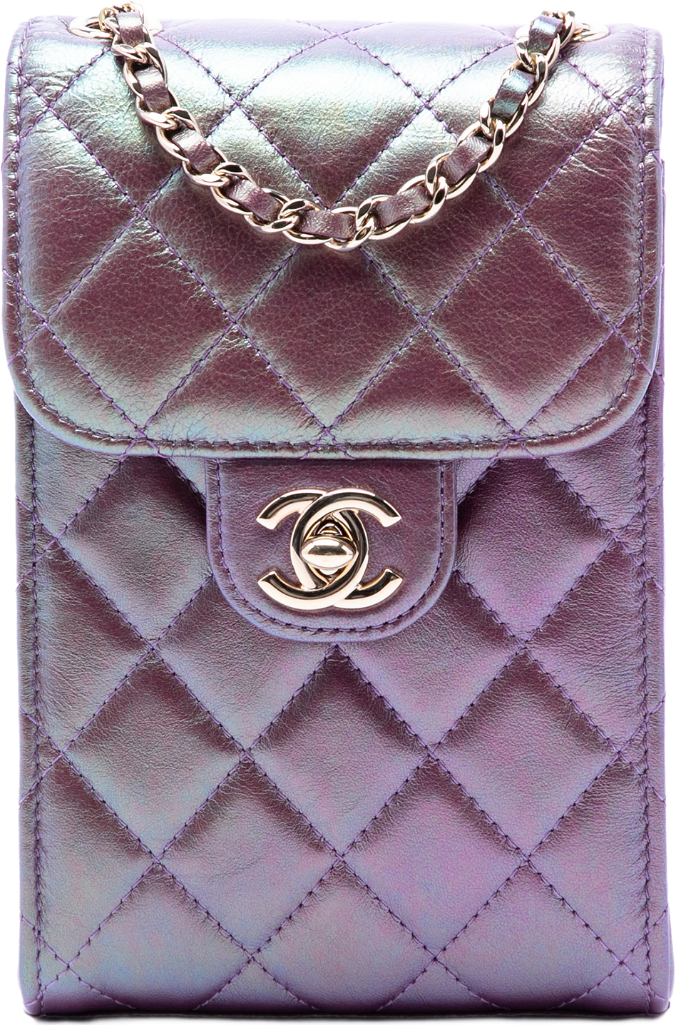 Chanel Cc Quilted Iridescent Lambskin Phone Holder With Chain, från Luxclusif, i färgen purpur.