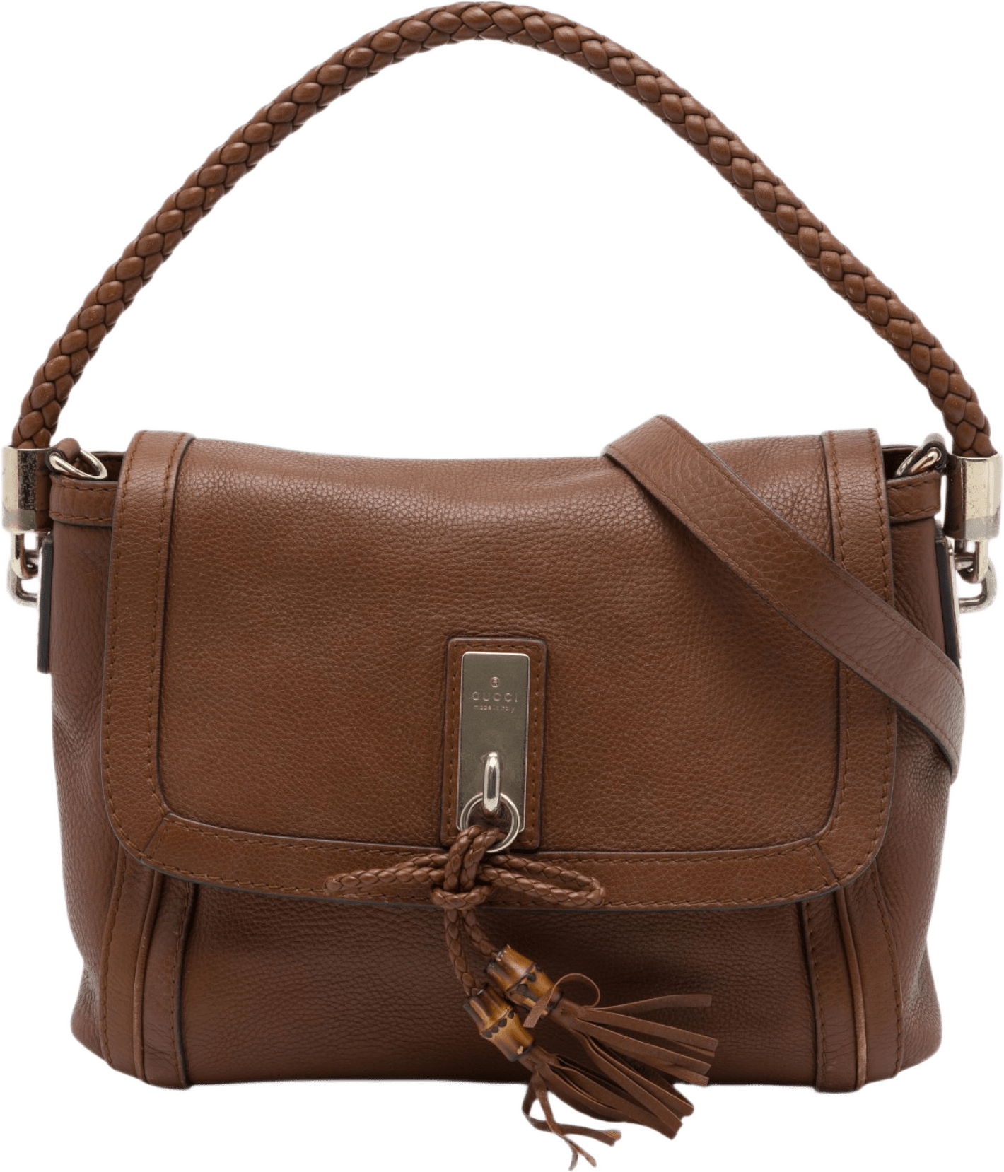 Gucci Calfskin Bella Flap Satchel, från Luxclusif, i färgen brun.