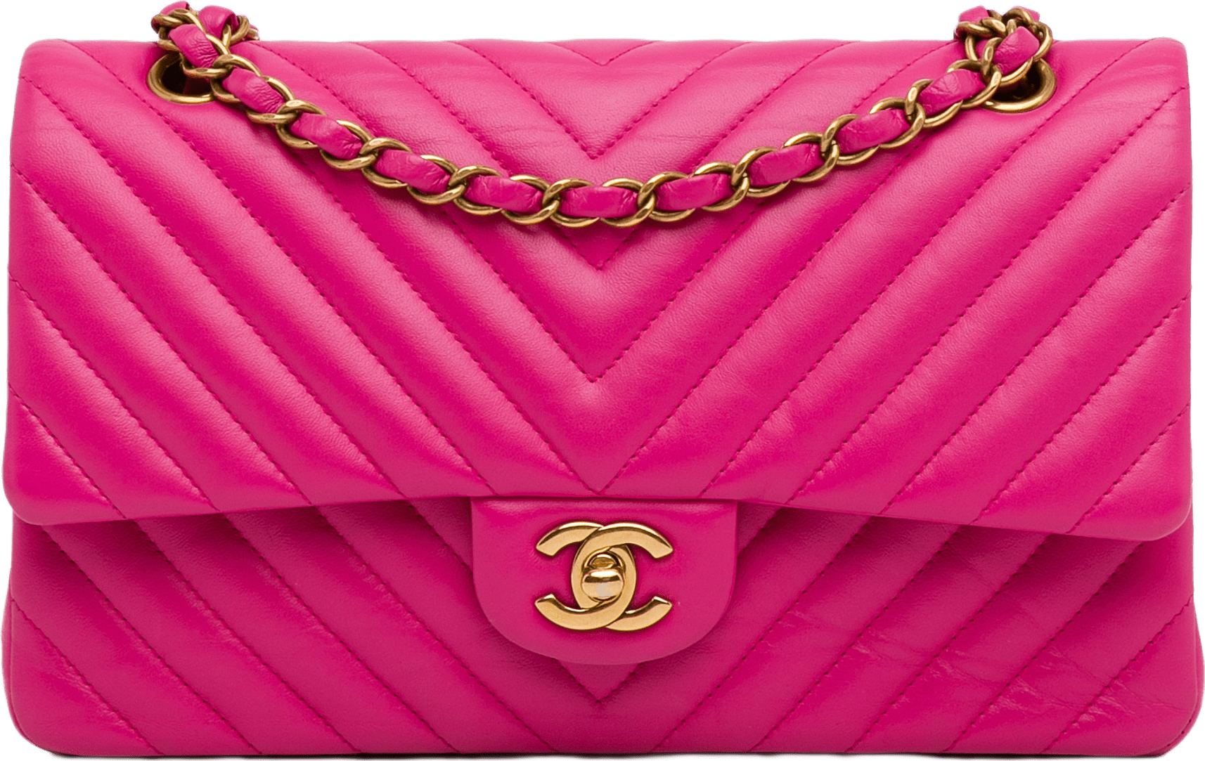 Chanel Medium Chevron Lambskin Double Flap, från Luxclusif, i färgen hot pink.