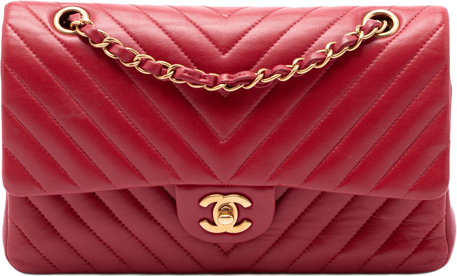 Chanel Medium Classic Chevron Lambskin Double Flap, från Luxclusif, i färgen röd.