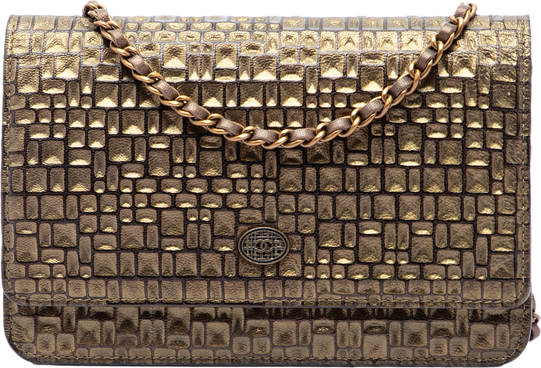 Chanel Cc Embossed Metallic Lambskin Wallet On Chain, från Luxclusif, i färgen guld.