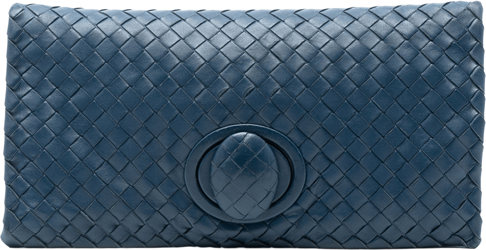 Bottega Veneta Nappa Intrecciato Turn Lock Clutch, från Luxclusif, i färgen midnight blue.