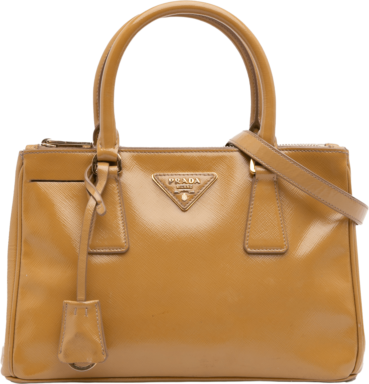 Prada Small Saffiano Vernice Galleria Double Zip Satchel, från Luxclusif, i färgen brown.