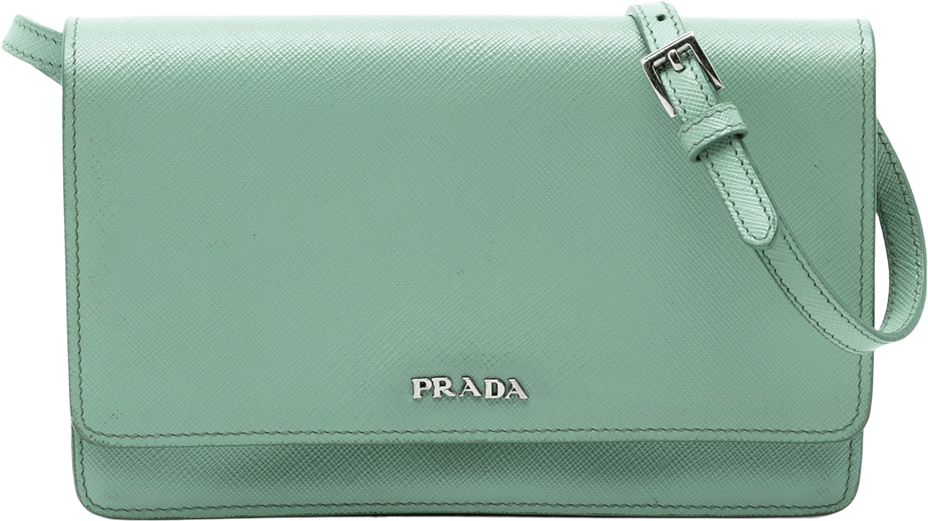 Prada Saffiano Wallet On Strap, från Luxclusif, i färgen light green.