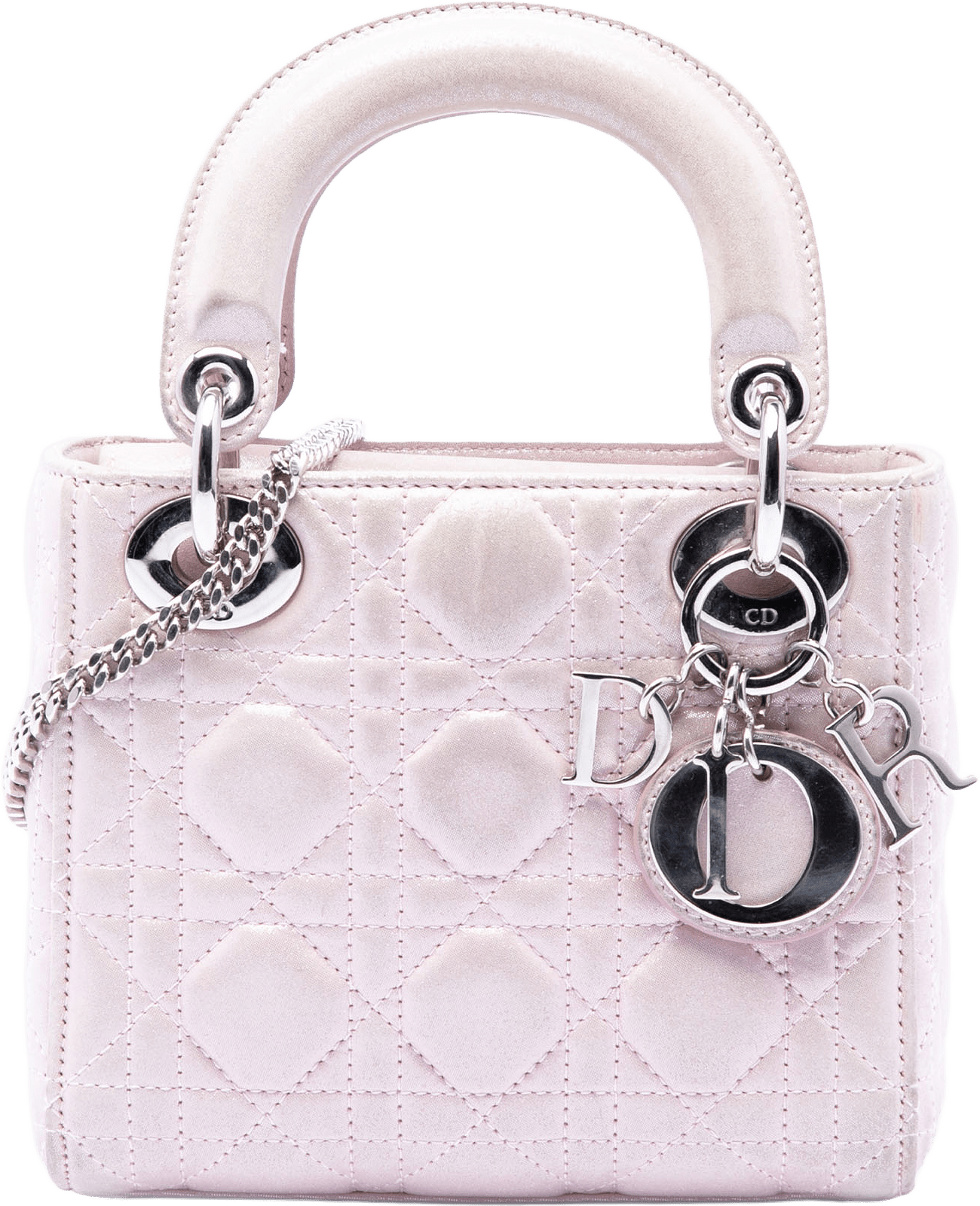 Dior Mini Iridescent Lambskin Cannage Lady Dior, från Luxclusif, i färgen light pink.