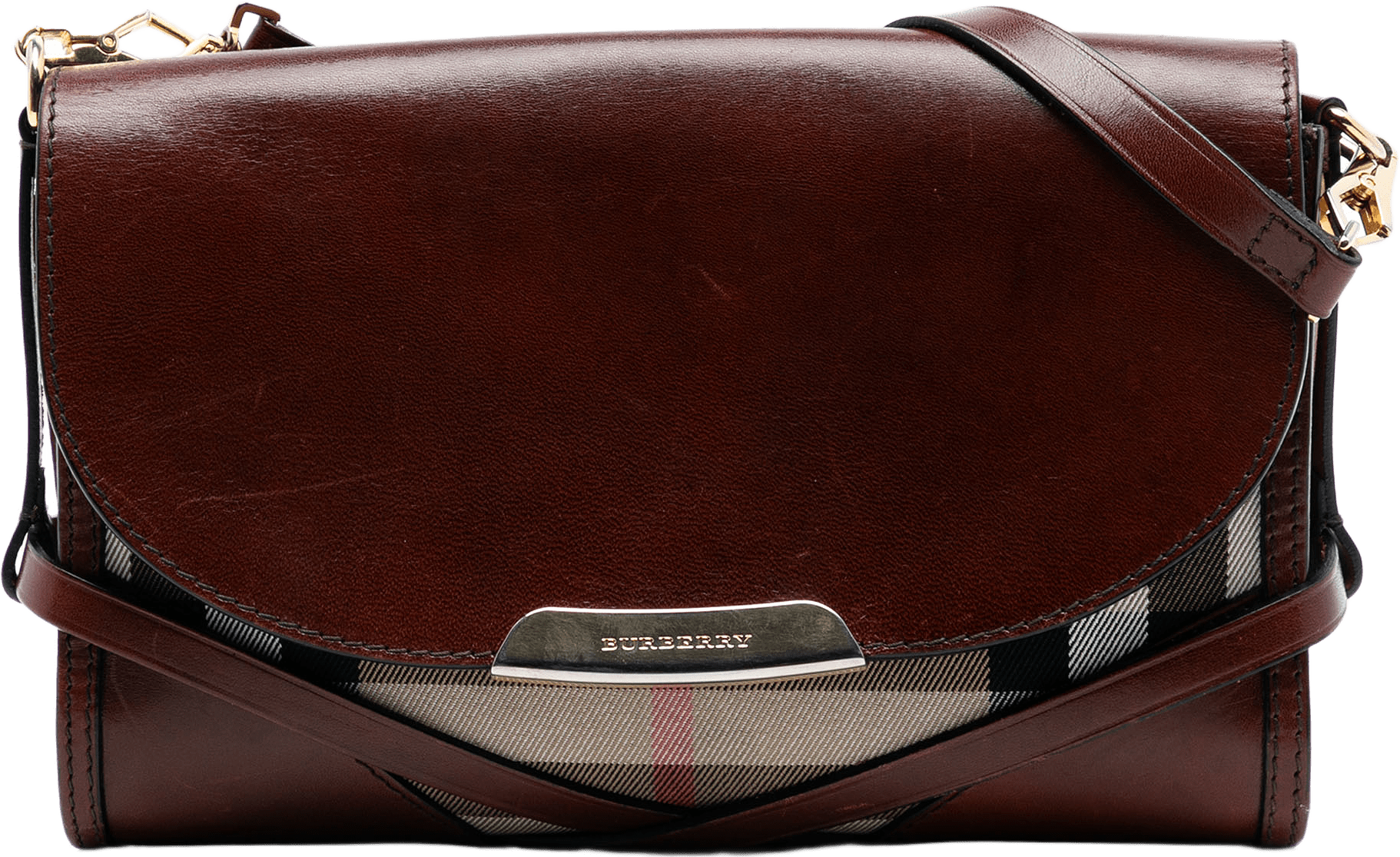 Burberry Leather And House Check Canvas Bridle Abbott Crossbody, från Luxclusif, i färgen brown.