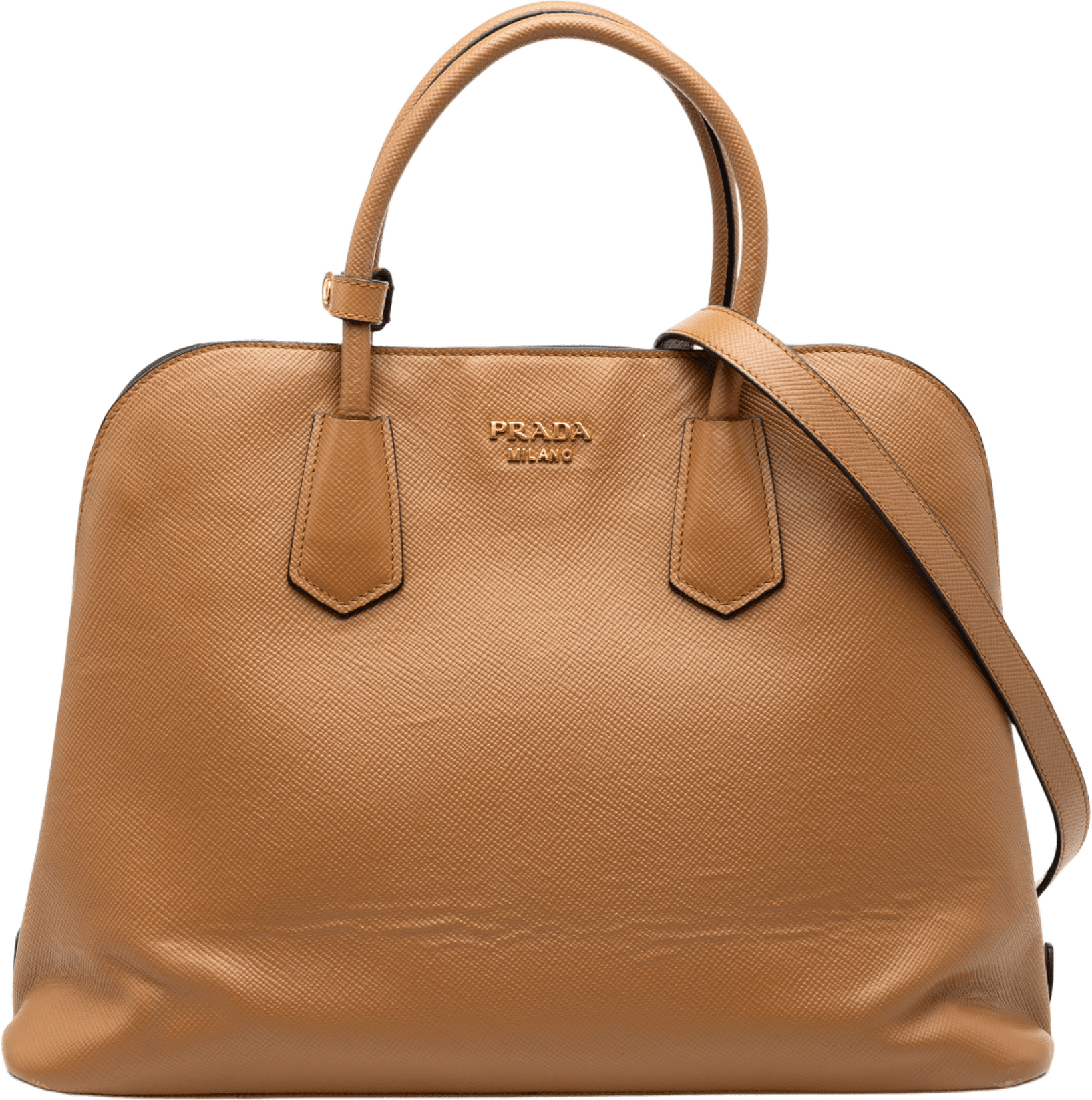 Prada Saffiano Cuir Dome Bag, från Luxclusif, i färgen camel.