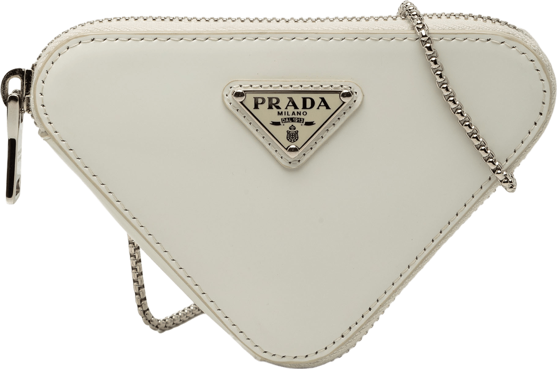 Prada Mini Brushed Leather Triangle Chain Pouch, från Luxclusif, i färgen off white.